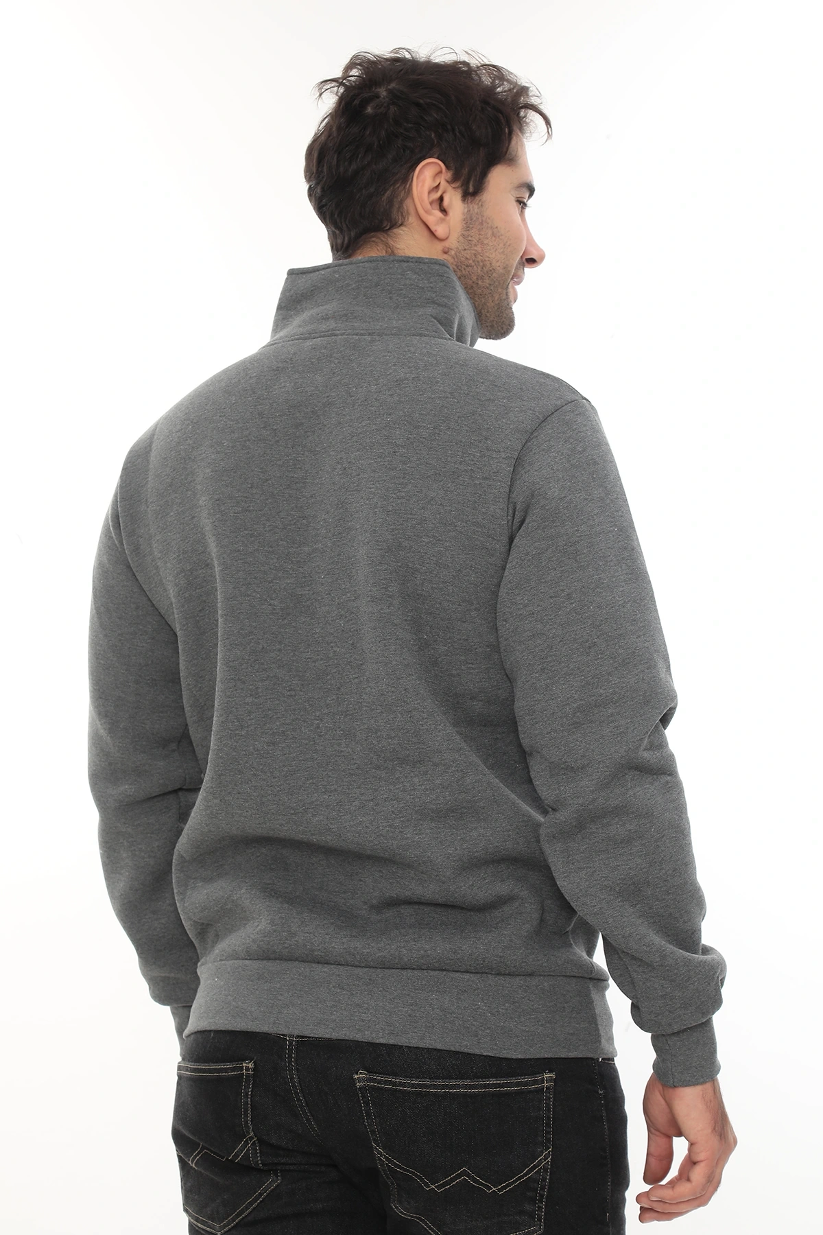 Erkek Gri Standart Fit Normal Kesim Içi Polarlı Yarım Fermuarlı Dik Bato Yaka Pamuklu Sweatshirt