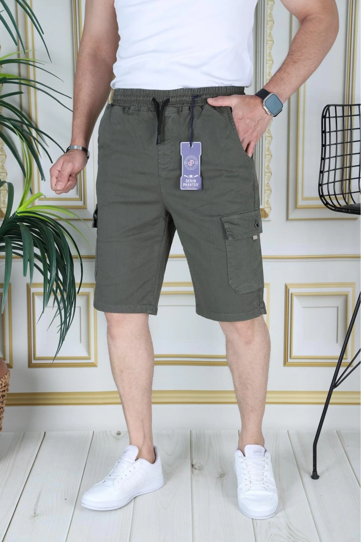 Erkek Haki Likralı Gabardin Şort Kargo Cepli Pamuklu Beli Lastikli Bağcıklı Basic Şort