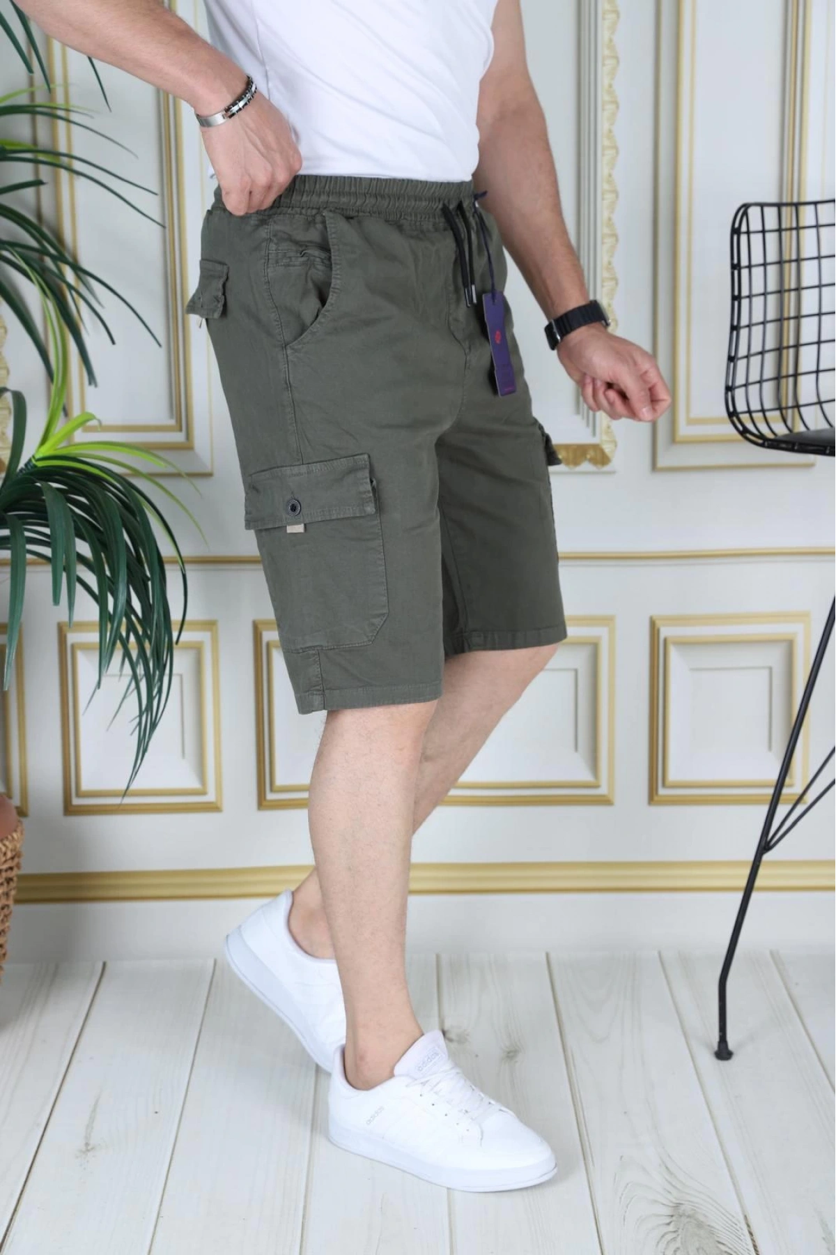 Erkek Haki Likralı Gabardin Şort Kargo Cepli Pamuklu Beli Lastikli Bağcıklı Basic Şort