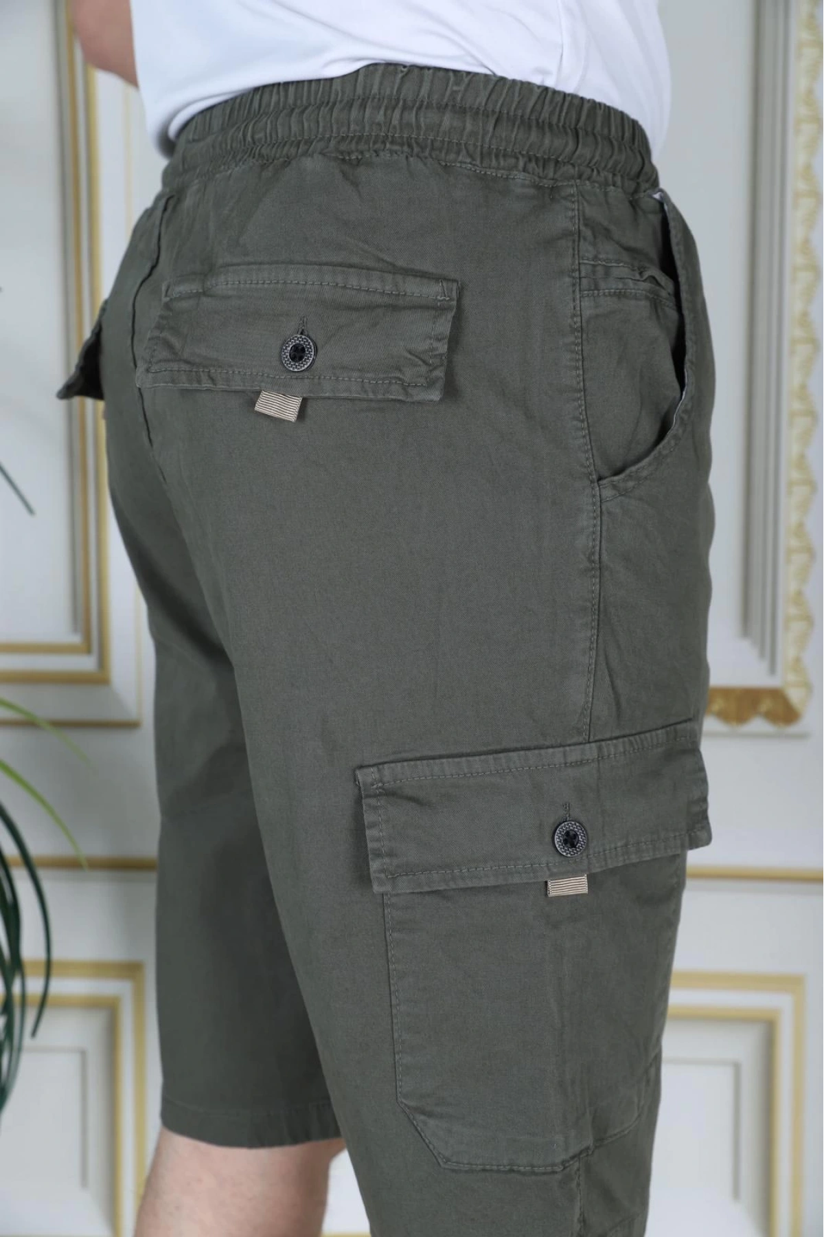 Erkek Haki Likralı Gabardin Şort Kargo Cepli Pamuklu Beli Lastikli Bağcıklı Basic Şort