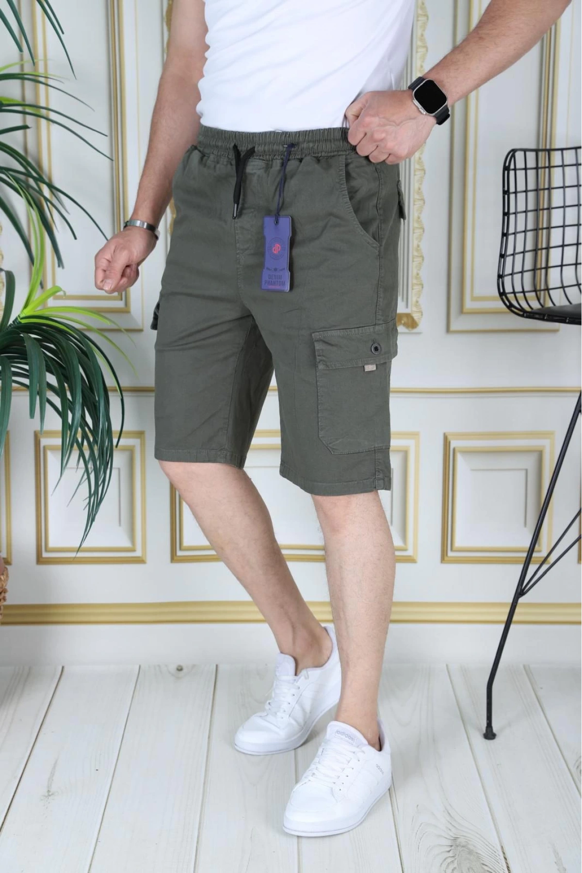 Erkek Haki Likralı Gabardin Şort Kargo Cepli Pamuklu Beli Lastikli Bağcıklı Basic Şort