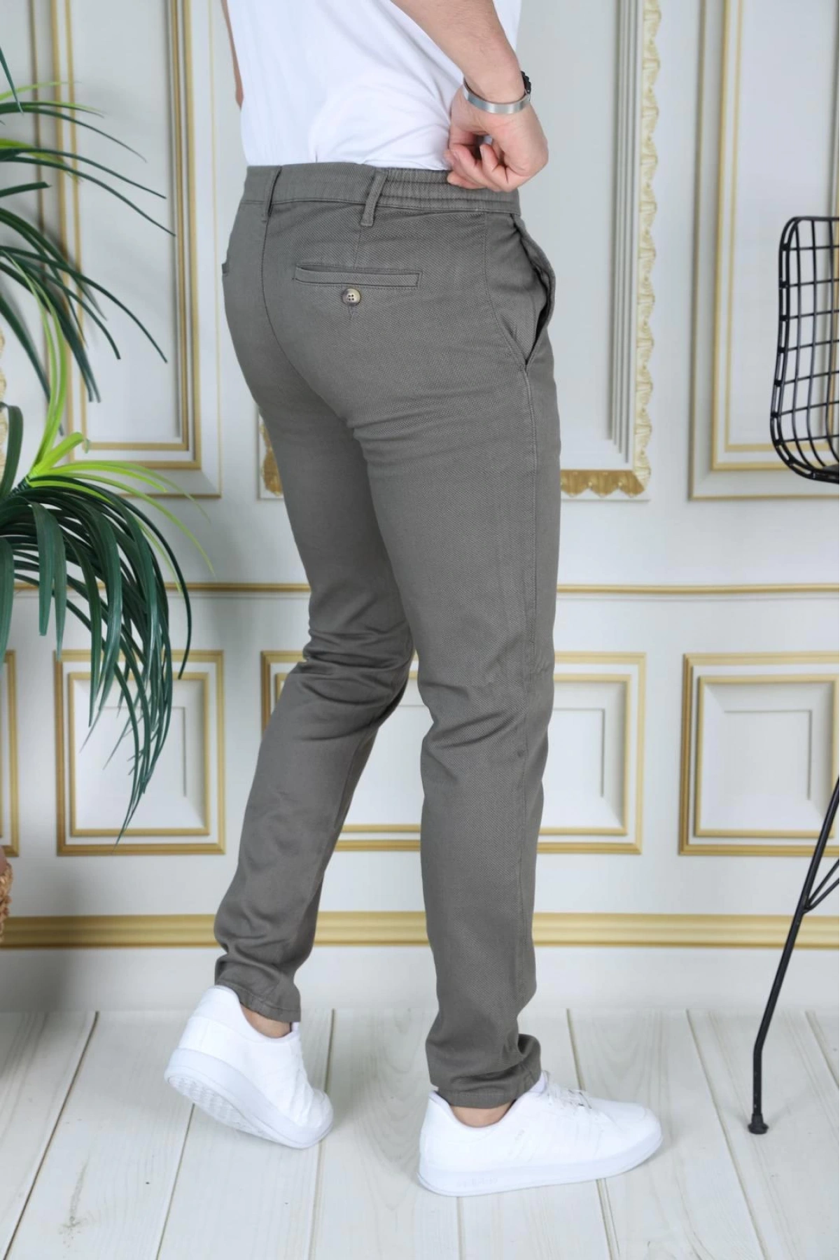 Erkek Haki Slim Fit Esnek Likralı Armürlü Keten Pantolon Bağcıklı Kemerli Beli Lastikli Şık Pantolon