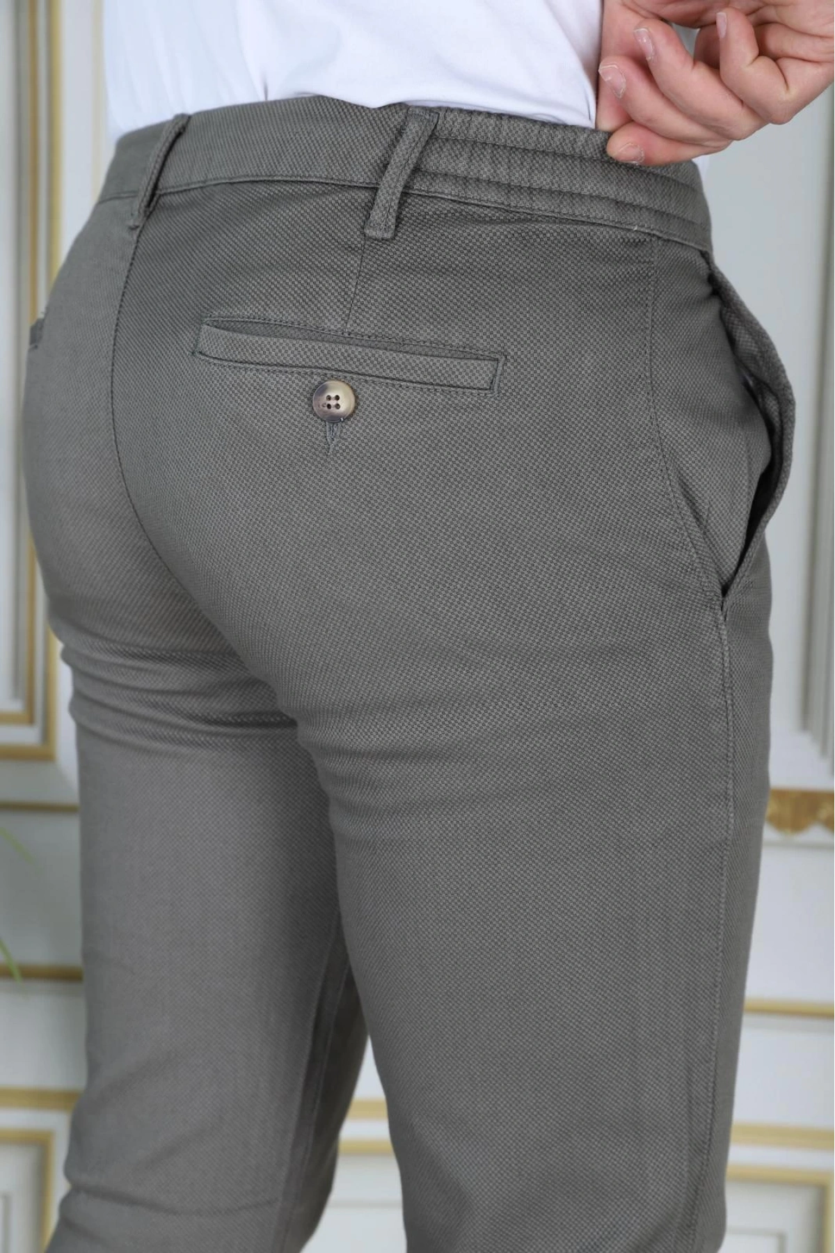 Erkek Haki Slim Fit Esnek Likralı Armürlü Keten Pantolon Bağcıklı Kemerli Beli Lastikli Şık Pantolon