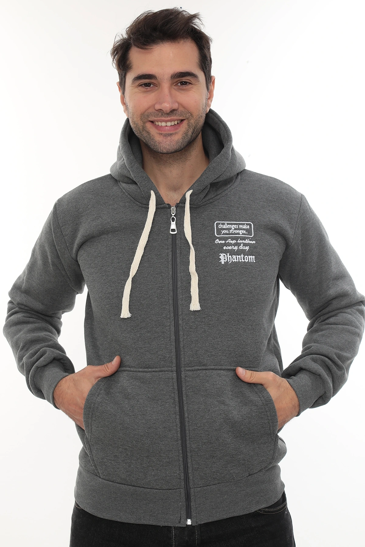 Erkek Koyu Gri Standart Fit Normal Kesim Içi Polarlı Tam Fermuarlı Kapüşonlu Pamuklu Sweatshirt