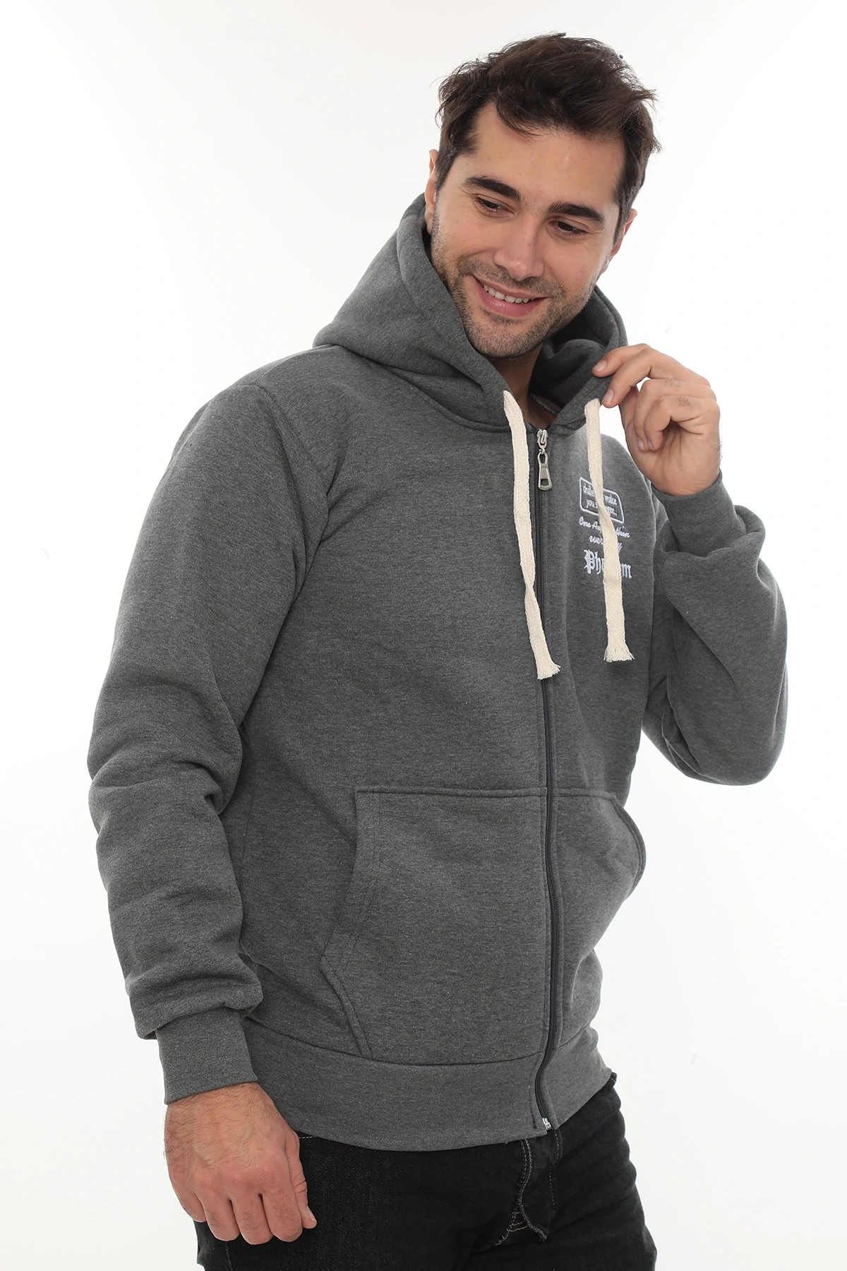 Erkek Koyu Gri Standart Fit Normal Kesim Içi Polarlı Tam Fermuarlı Kapüşonlu Pamuklu Sweatshirt
