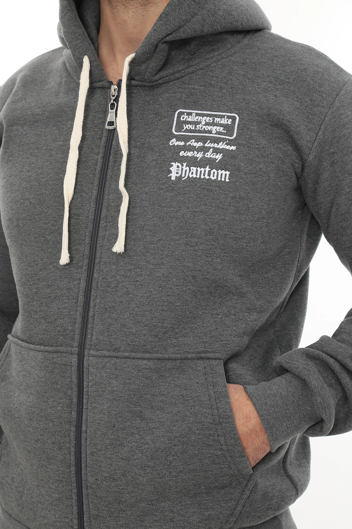 Erkek Koyu Gri Standart Fit Normal Kesim Içi Polarlı Tam Fermuarlı Kapüşonlu Pamuklu Sweatshirt