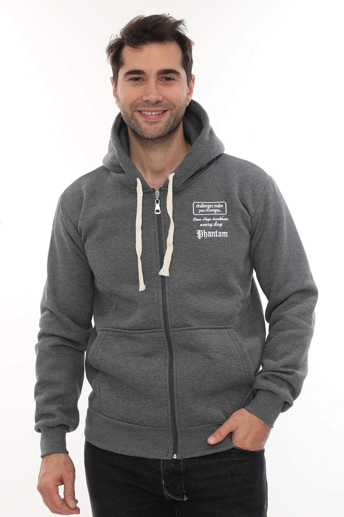 Erkek Koyu Gri Standart Fit Normal Kesim Içi Polarlı Tam Fermuarlı Kapüşonlu Pamuklu Sweatshirt