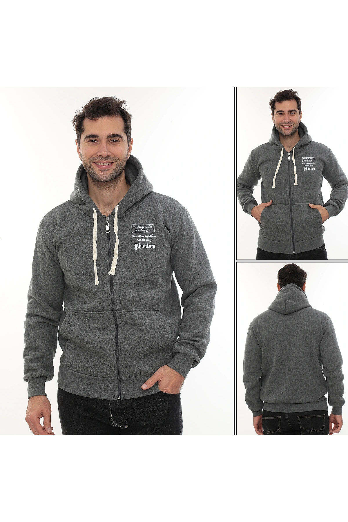 Erkek Koyu Gri Standart Fit Normal Kesim Içi Polarlı Tam Fermuarlı Kapüşonlu Pamuklu Sweatshirt