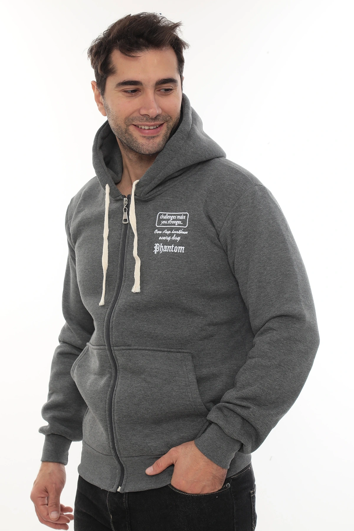 Erkek Koyu Gri Standart Fit Normal Kesim Içi Polarlı Tam Fermuarlı Kapüşonlu Pamuklu Sweatshirt