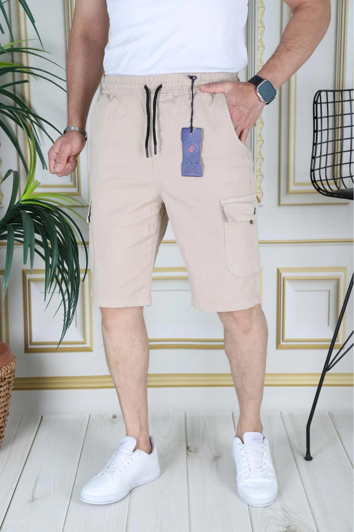 Erkek Krem Likralı Gabardin Şort Kargo Cepli Pamuklu Beli Lastikli Bağcıklı Basic Şort