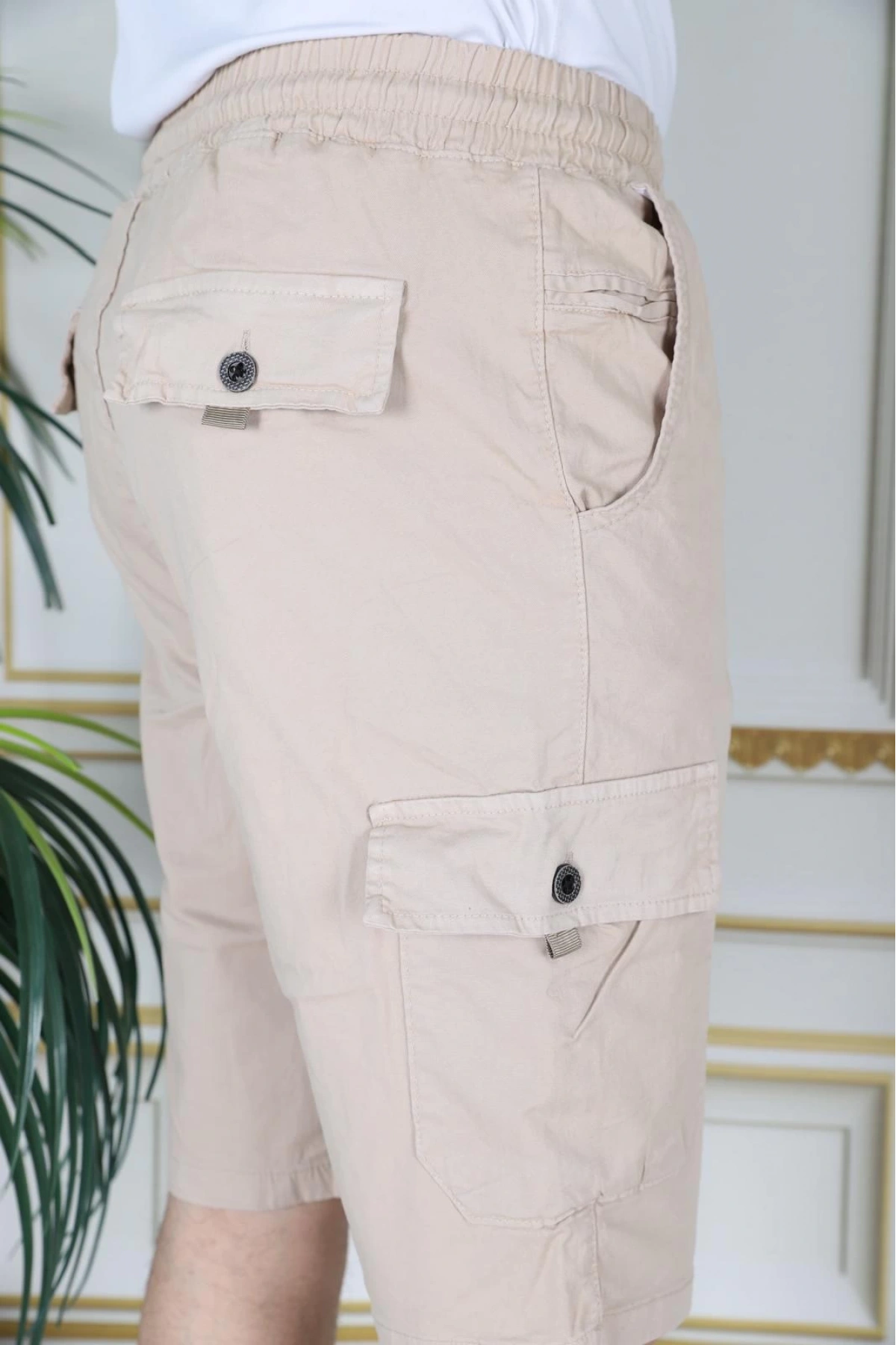 Erkek Krem Likralı Gabardin Şort Kargo Cepli Pamuklu Beli Lastikli Bağcıklı Basic Şort