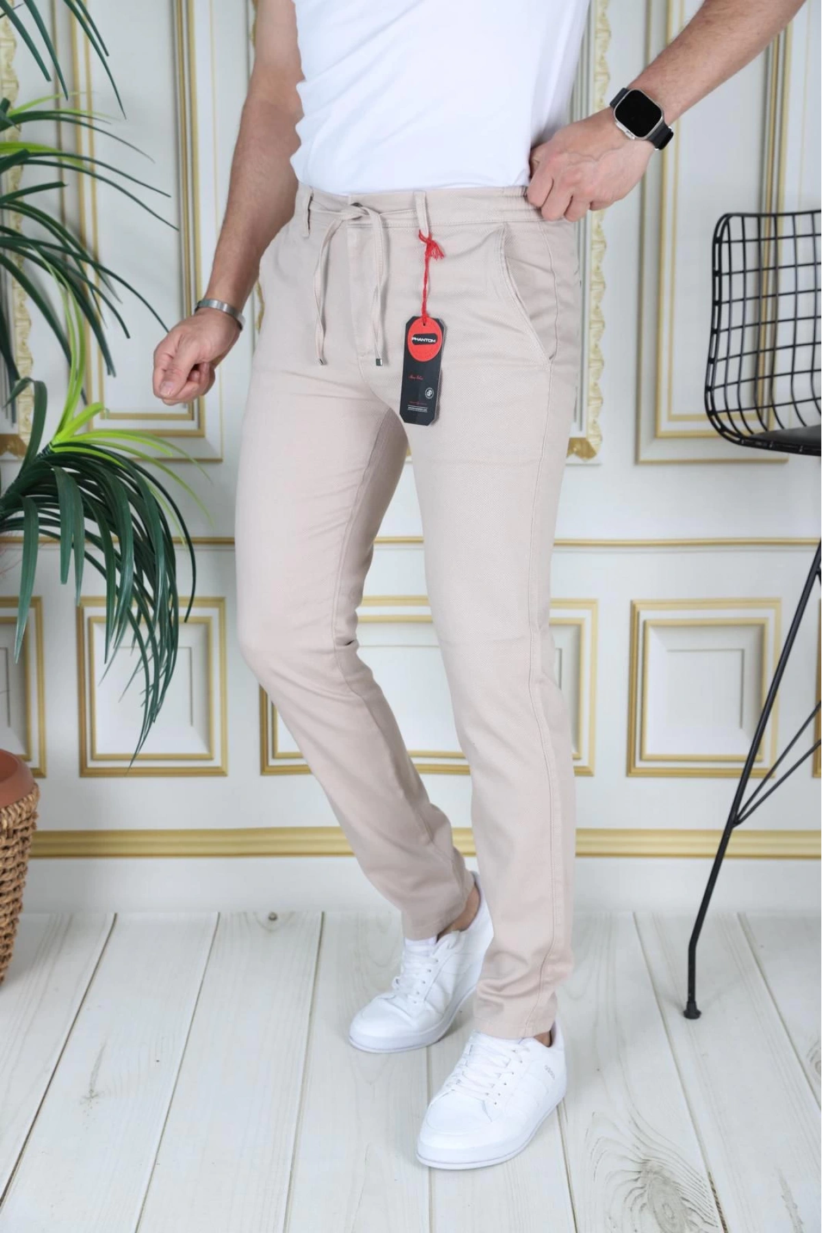 Erkek Krem Slim Fit Esnek Likralı Armürlü Keten Pantolon Bağcıklı Kemerli Beli Lastikli Şık Pantolon