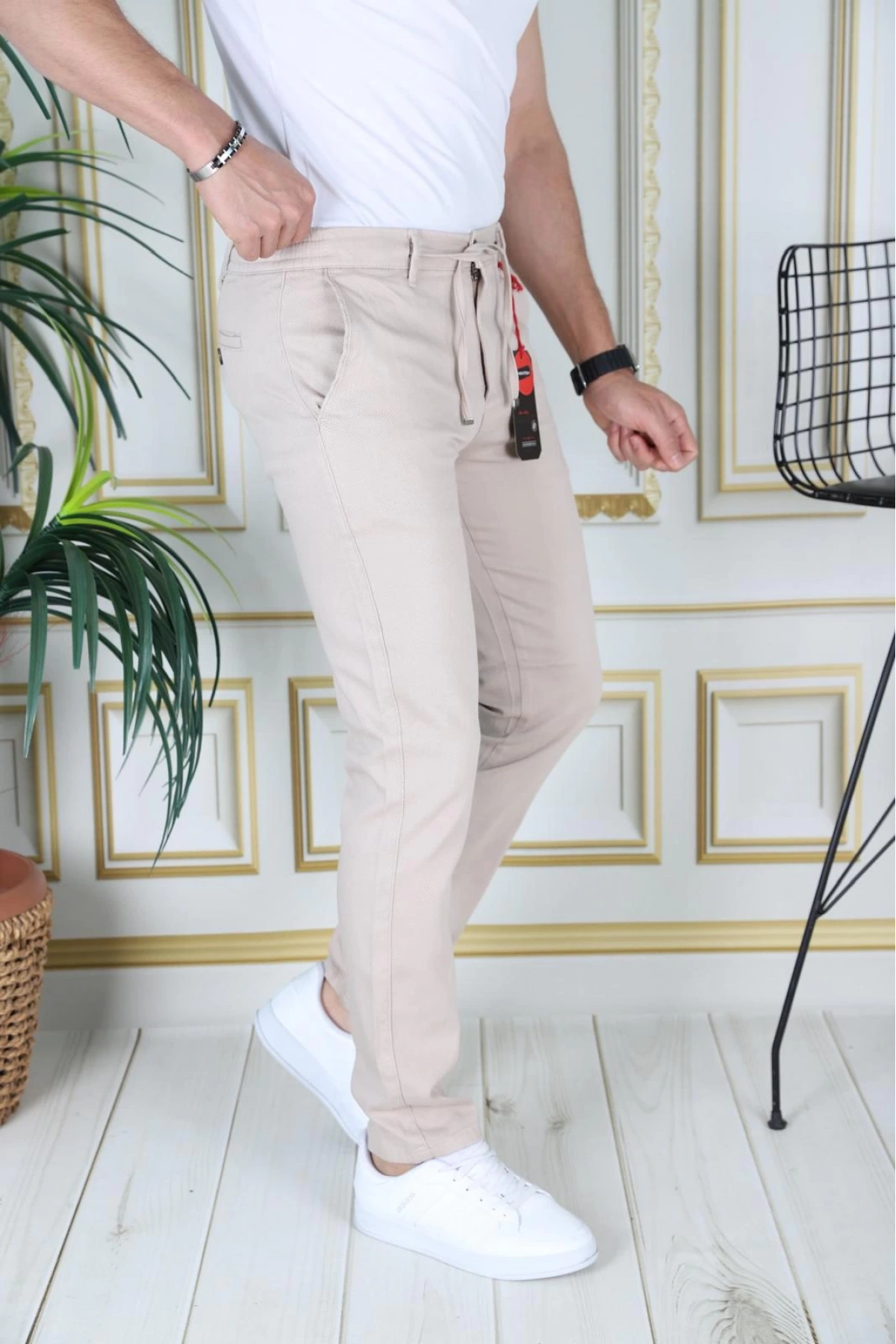 Erkek Krem Slim Fit Esnek Likralı Armürlü Keten Pantolon Bağcıklı Kemerli Beli Lastikli Şık Pantolon