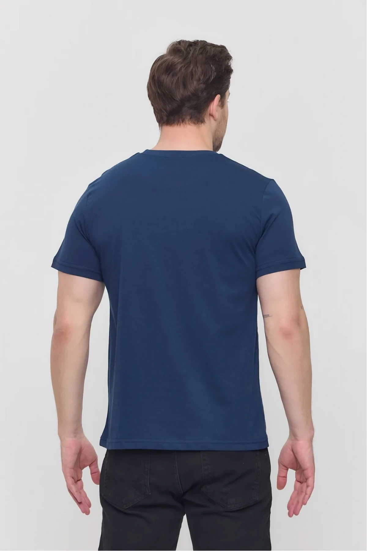 Erkek Lacivert Likralı Şık Pamuklu Slim Fit Dar Kesim Bisiklet Yaka Basic Tişört