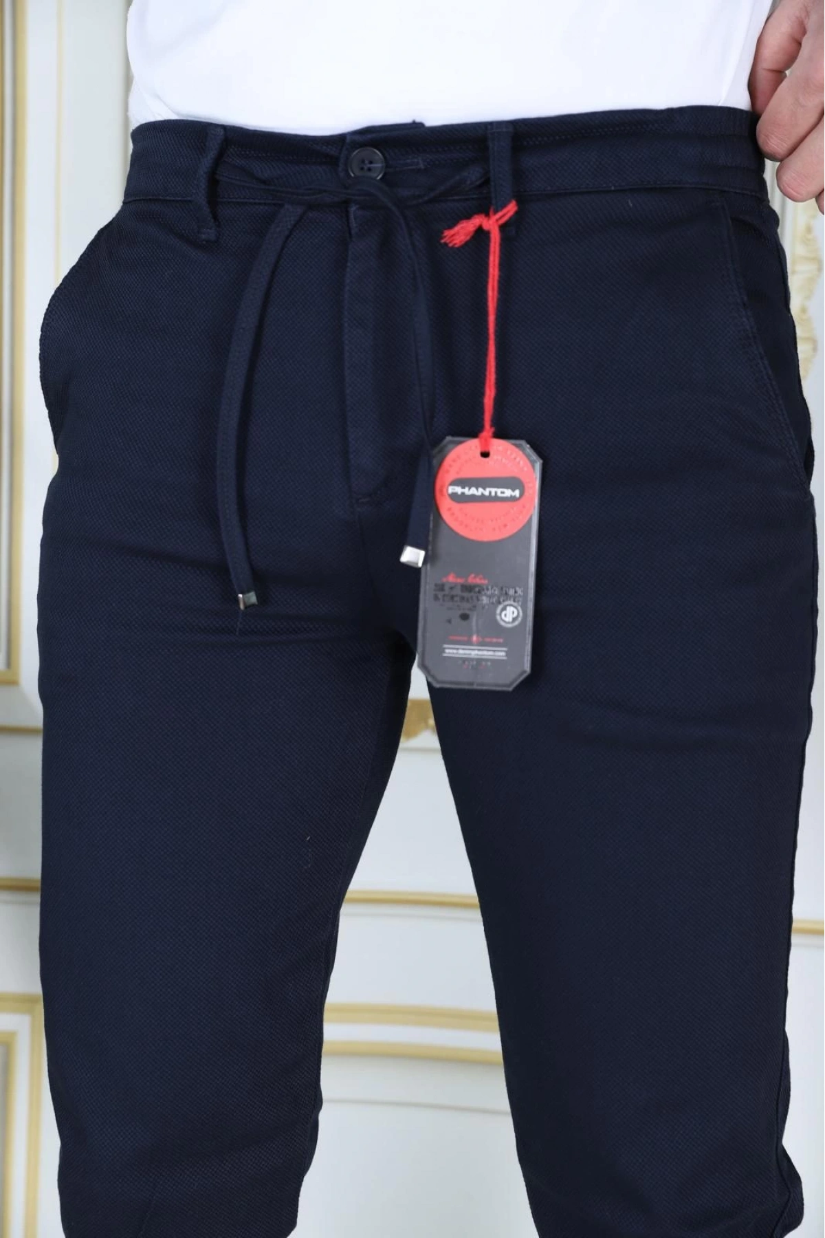 Erkek Lacivert Slim Fit Esnek Likralı Armürlü Keten Pantolon Bağcıklı Kemerli Beli Lastikli Şık Pantolon