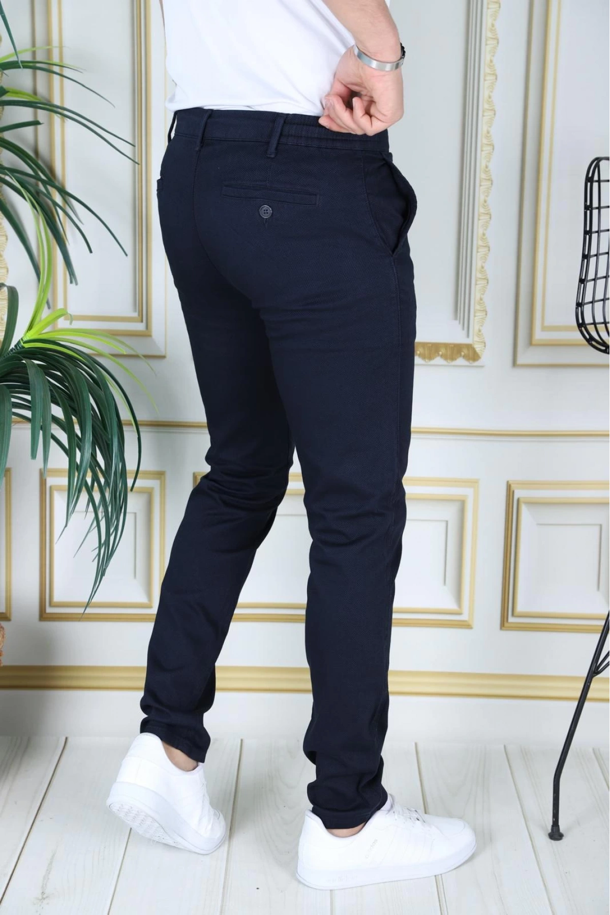 Erkek Lacivert Slim Fit Esnek Likralı Armürlü Keten Pantolon Bağcıklı Kemerli Beli Lastikli Şık Pantolon