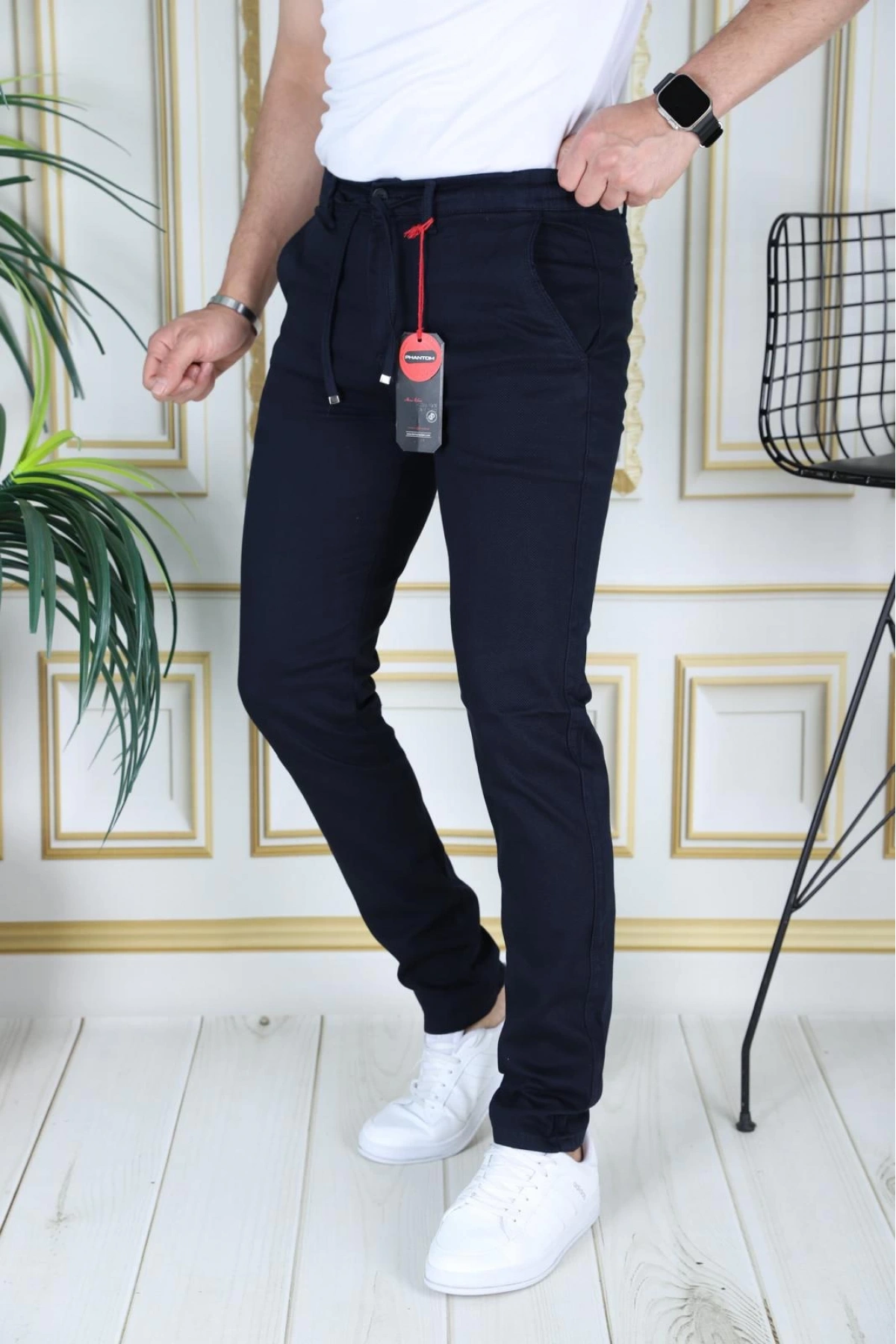 Erkek Lacivert Slim Fit Esnek Likralı Armürlü Keten Pantolon Bağcıklı Kemerli Beli Lastikli Şık Pantolon