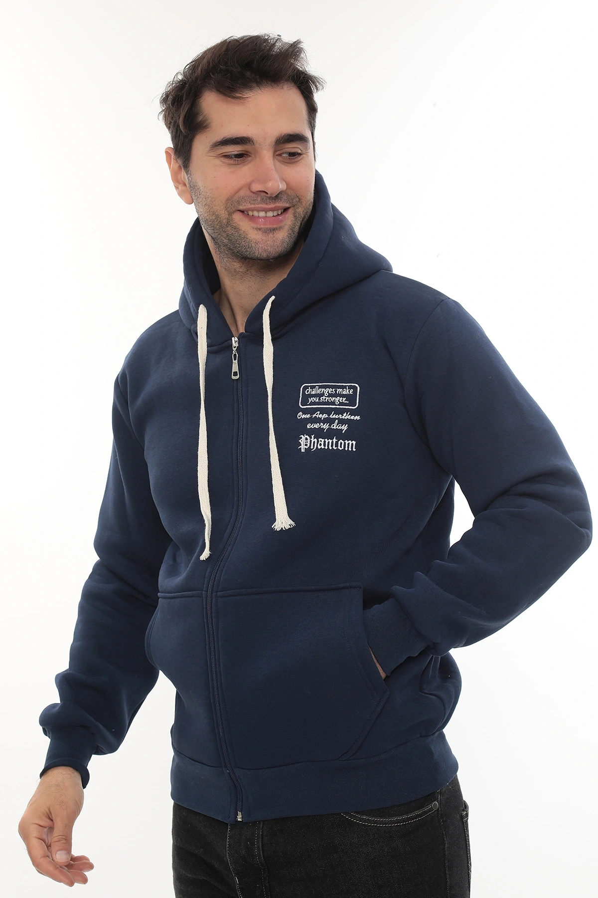 Erkek Mavi Standart Fit Normal Kesim Içi Polarlı Tam Fermuarlı Kapüşonlu Pamuklu Sweatshirt