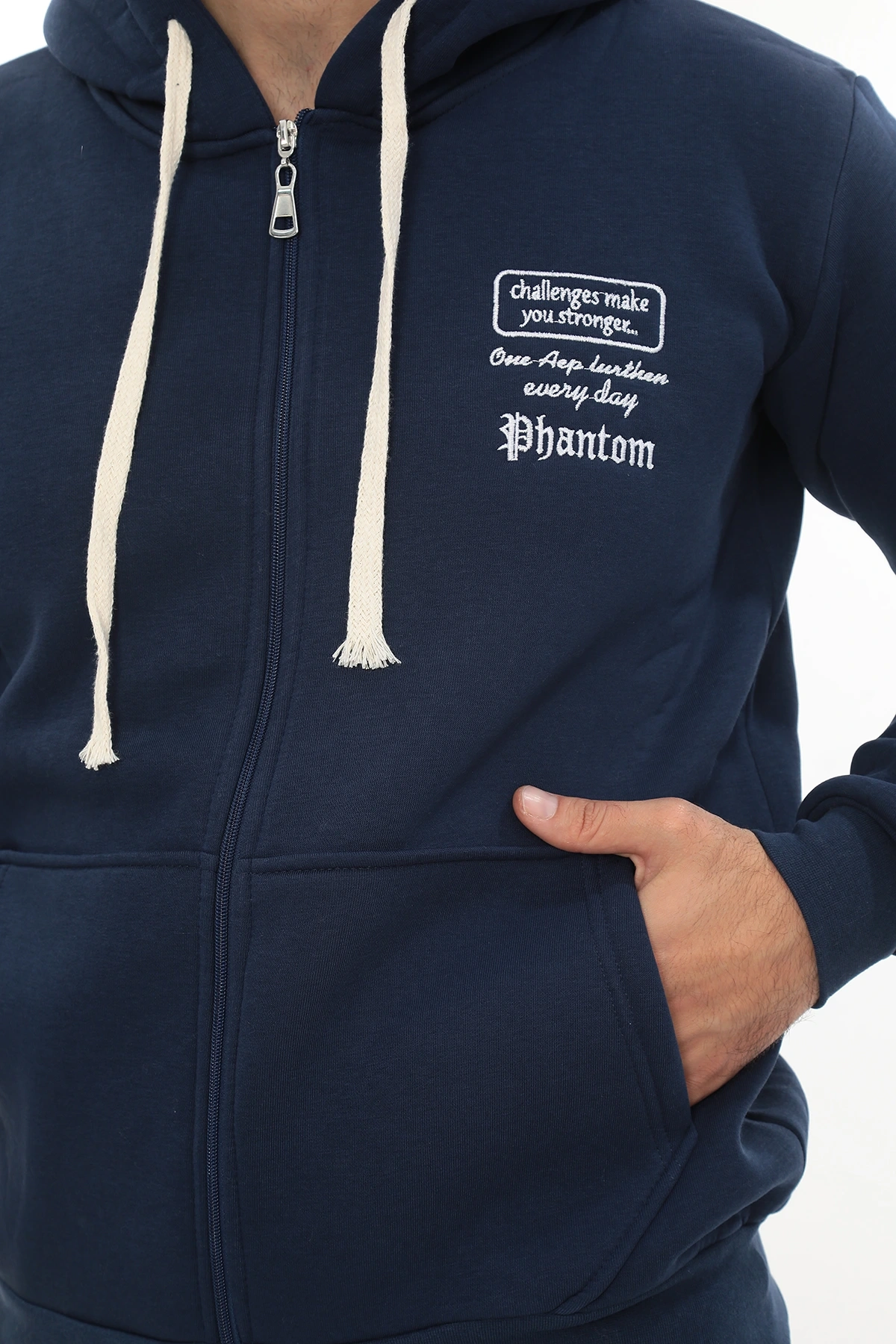 Erkek Mavi Standart Fit Normal Kesim Içi Polarlı Tam Fermuarlı Kapüşonlu Pamuklu Sweatshirt