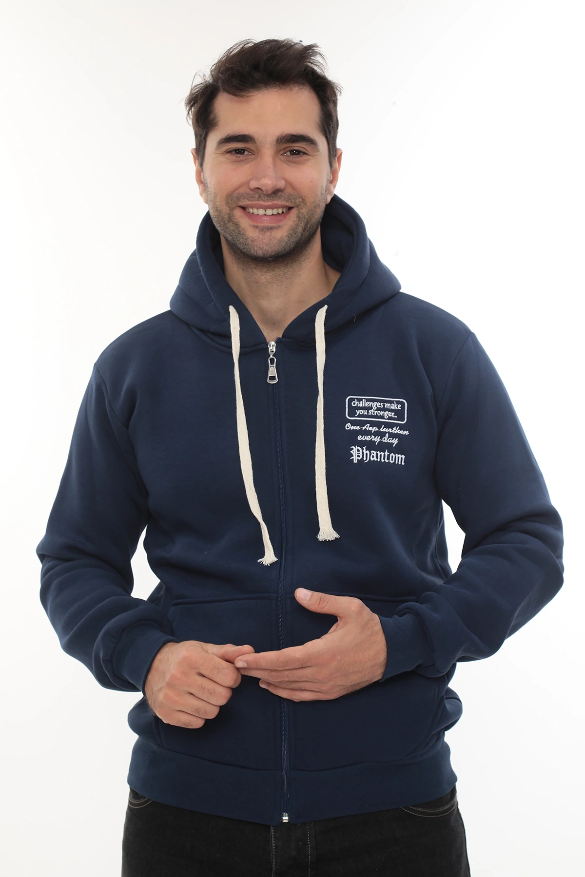 Erkek Mavi Standart Fit Normal Kesim Içi Polarlı Tam Fermuarlı Kapüşonlu Pamuklu Sweatshirt