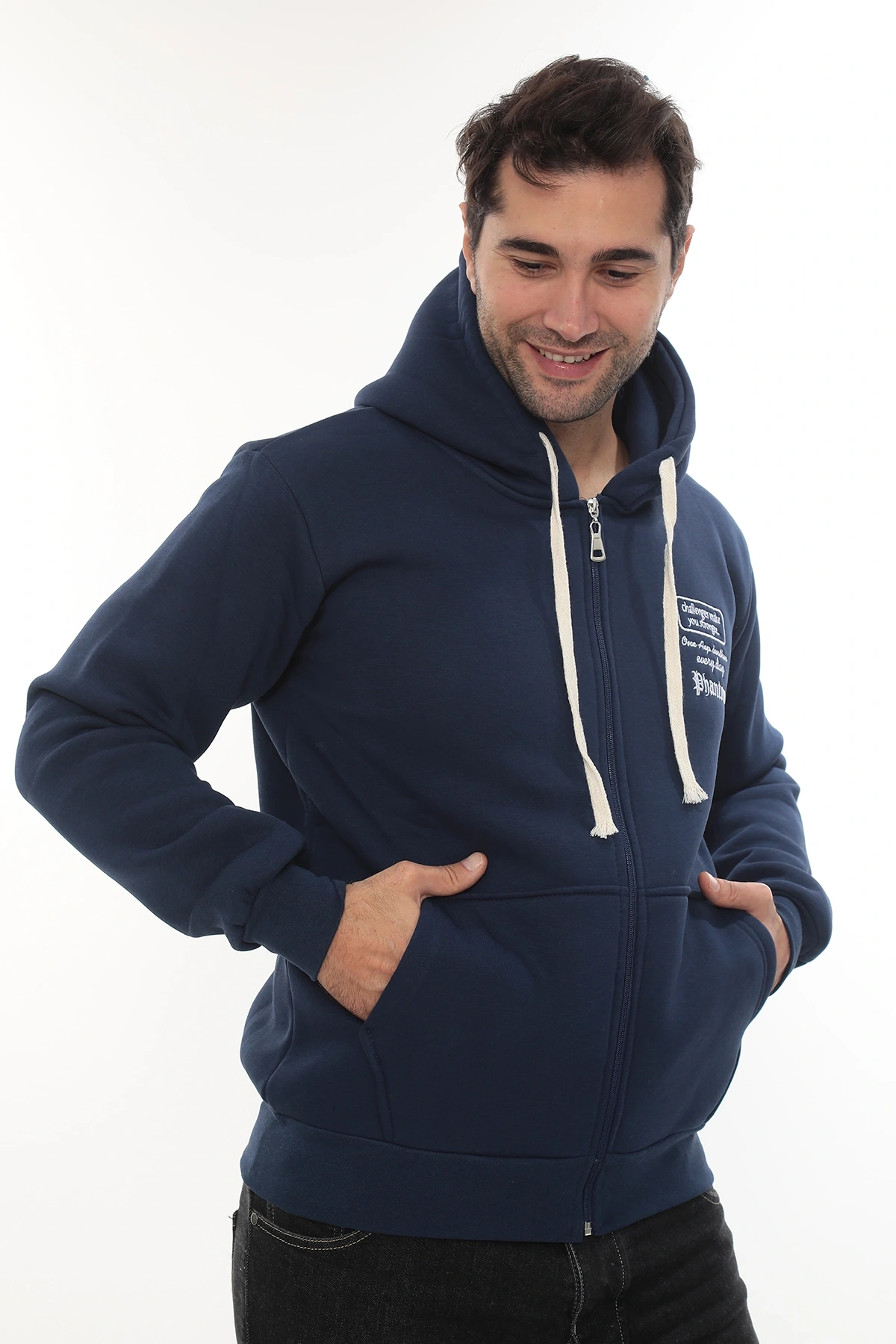 Erkek Mavi Standart Fit Normal Kesim Içi Polarlı Tam Fermuarlı Kapüşonlu Pamuklu Sweatshirt