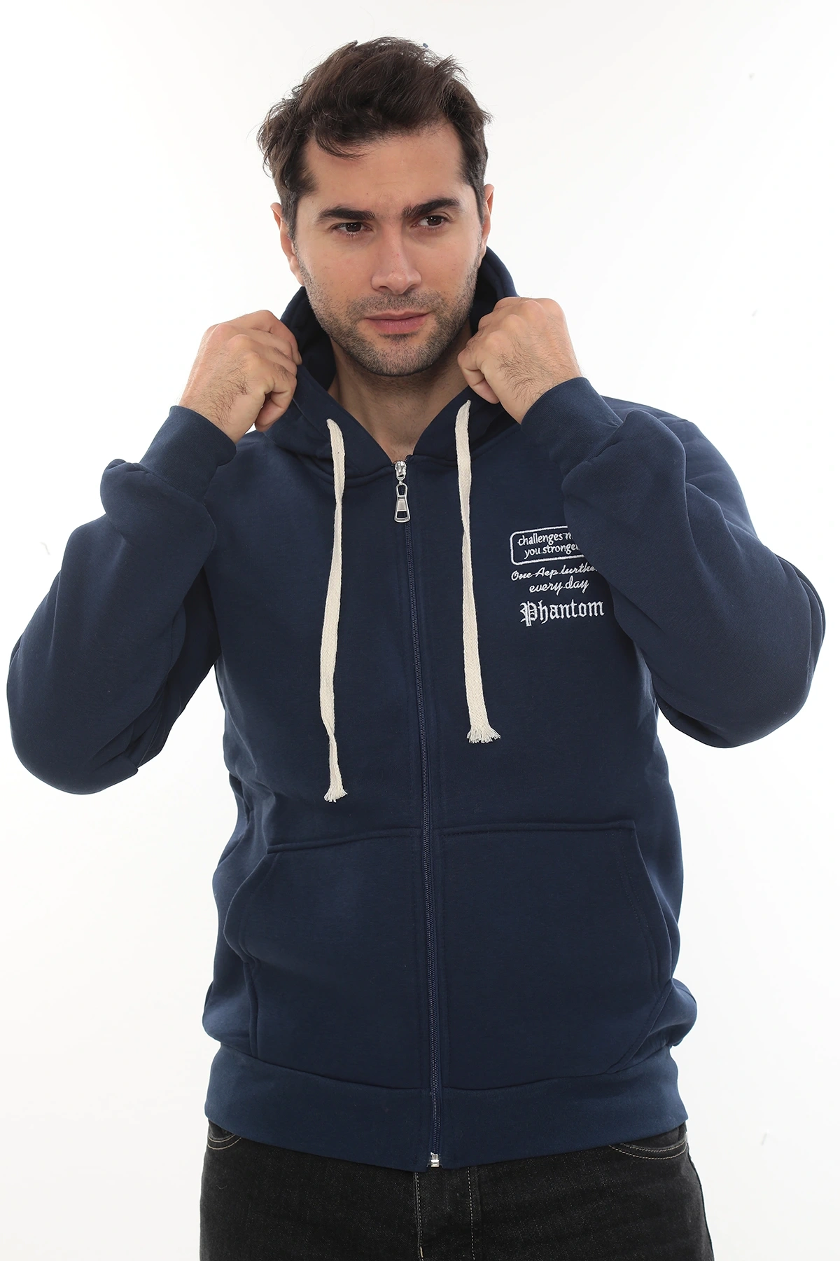 Erkek Mavi Standart Fit Normal Kesim Içi Polarlı Tam Fermuarlı Kapüşonlu Pamuklu Sweatshirt