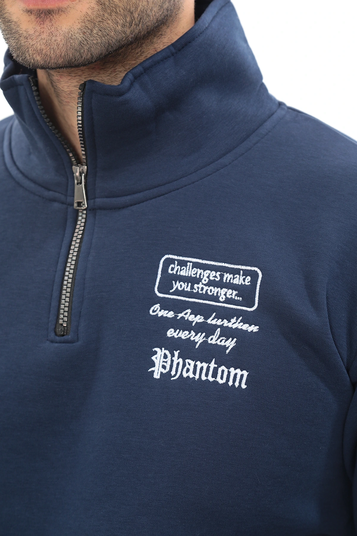 Erkek Mavi Standart Fit Normal Kesim Içi Polarlı Yarım Fermuarlı Dik Bato Yaka Pamuklu Sweatshirt