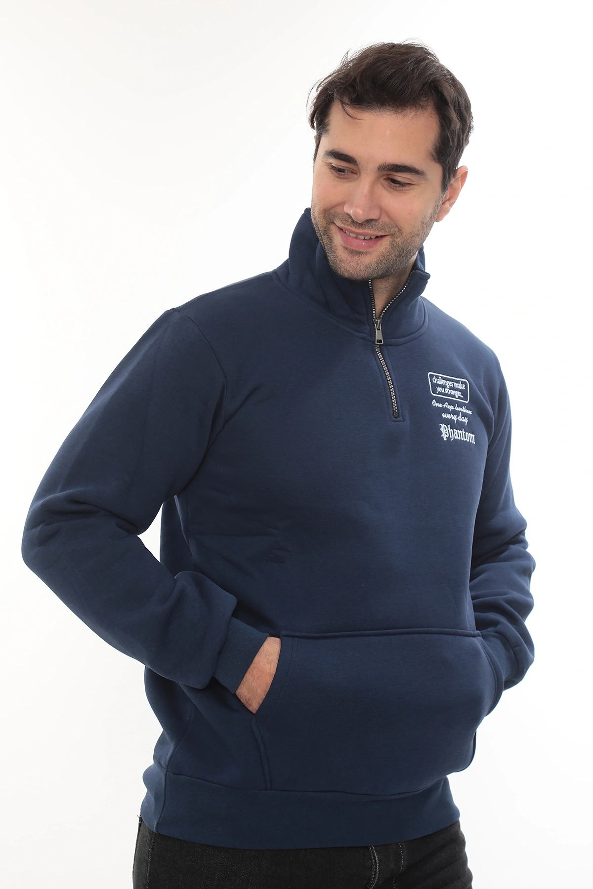 Erkek Mavi Standart Fit Normal Kesim Içi Polarlı Yarım Fermuarlı Dik Bato Yaka Pamuklu Sweatshirt