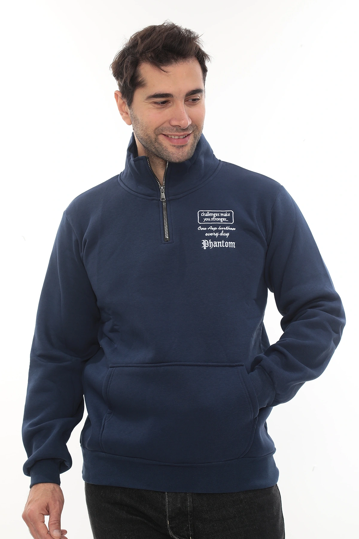 Erkek Mavi Standart Fit Normal Kesim Içi Polarlı Yarım Fermuarlı Dik Bato Yaka Pamuklu Sweatshirt