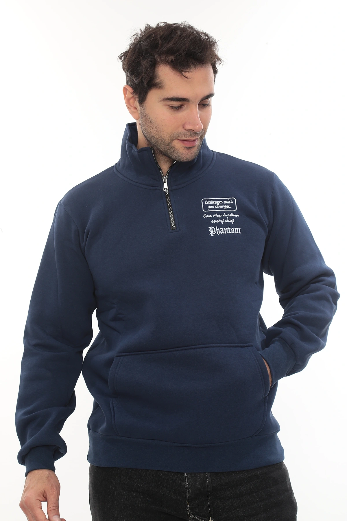 Erkek Mavi Standart Fit Normal Kesim Içi Polarlı Yarım Fermuarlı Dik Bato Yaka Pamuklu Sweatshirt