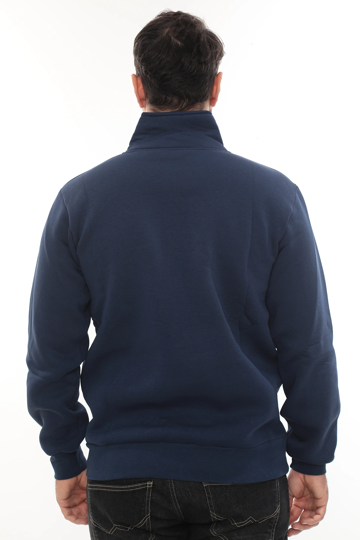 Erkek Mavi Standart Fit Normal Kesim Içi Polarlı Yarım Fermuarlı Dik Bato Yaka Pamuklu Sweatshirt