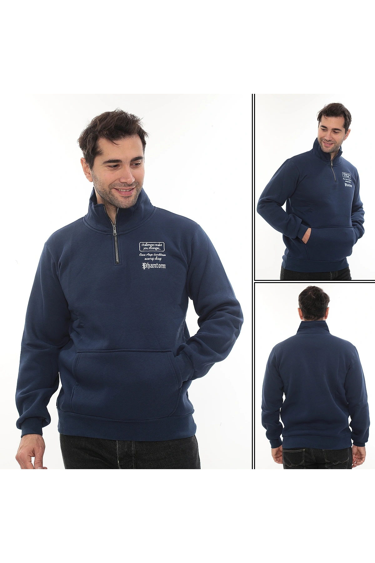 Erkek Mavi Standart Fit Normal Kesim Içi Polarlı Yarım Fermuarlı Dik Bato Yaka Pamuklu Sweatshirt