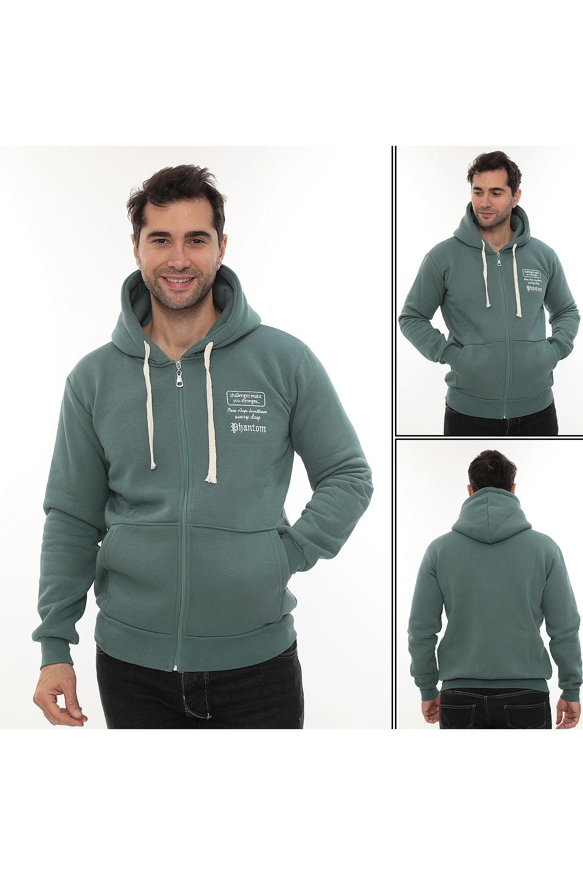 Erkek Petrol Standart Fit Normal Kesim Içi Polarlı Tam Fermuarlı Kapüşonlu Pamuklu Sweatshirt