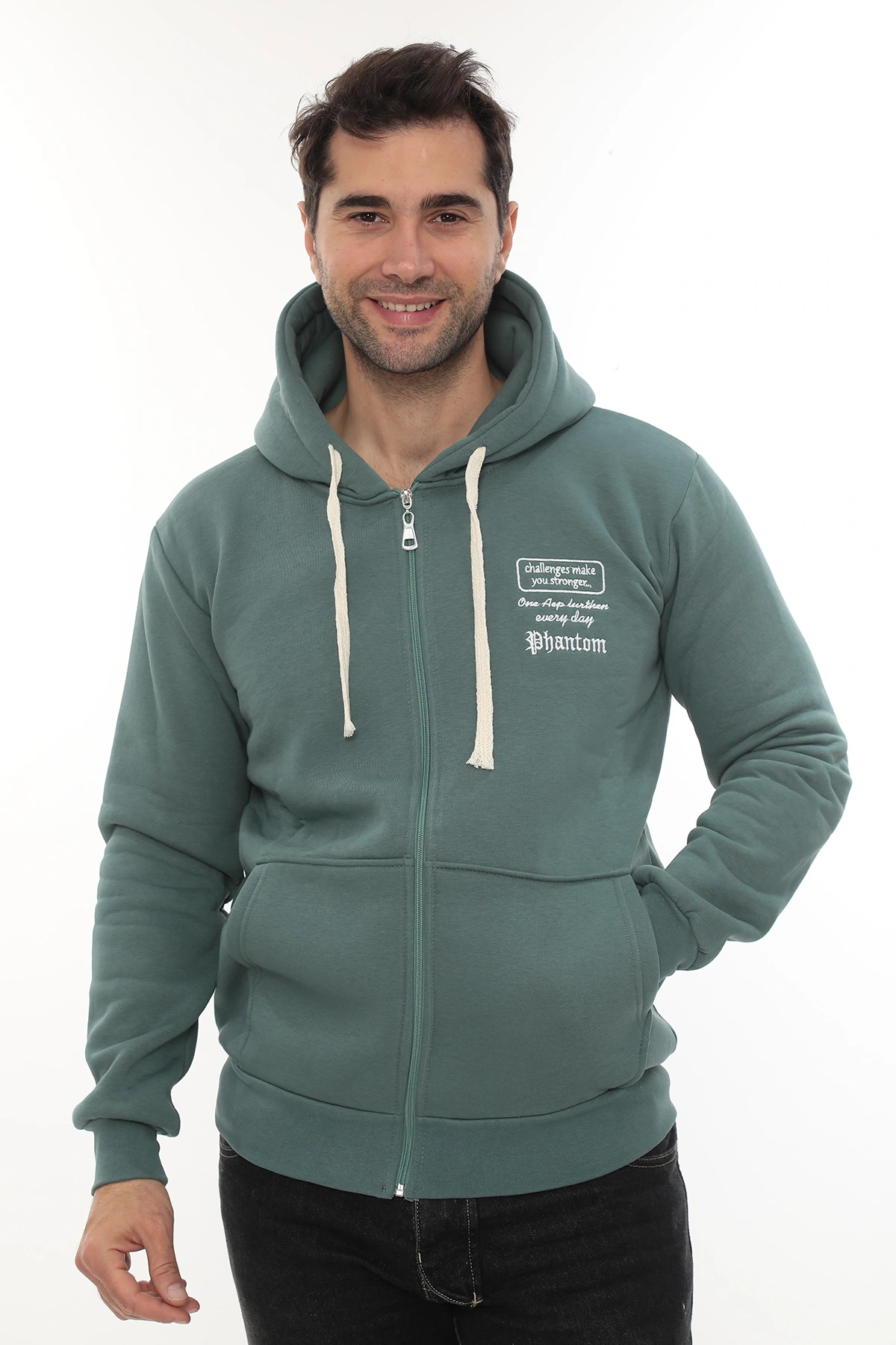 Erkek Petrol Standart Fit Normal Kesim Içi Polarlı Tam Fermuarlı Kapüşonlu Pamuklu Sweatshirt