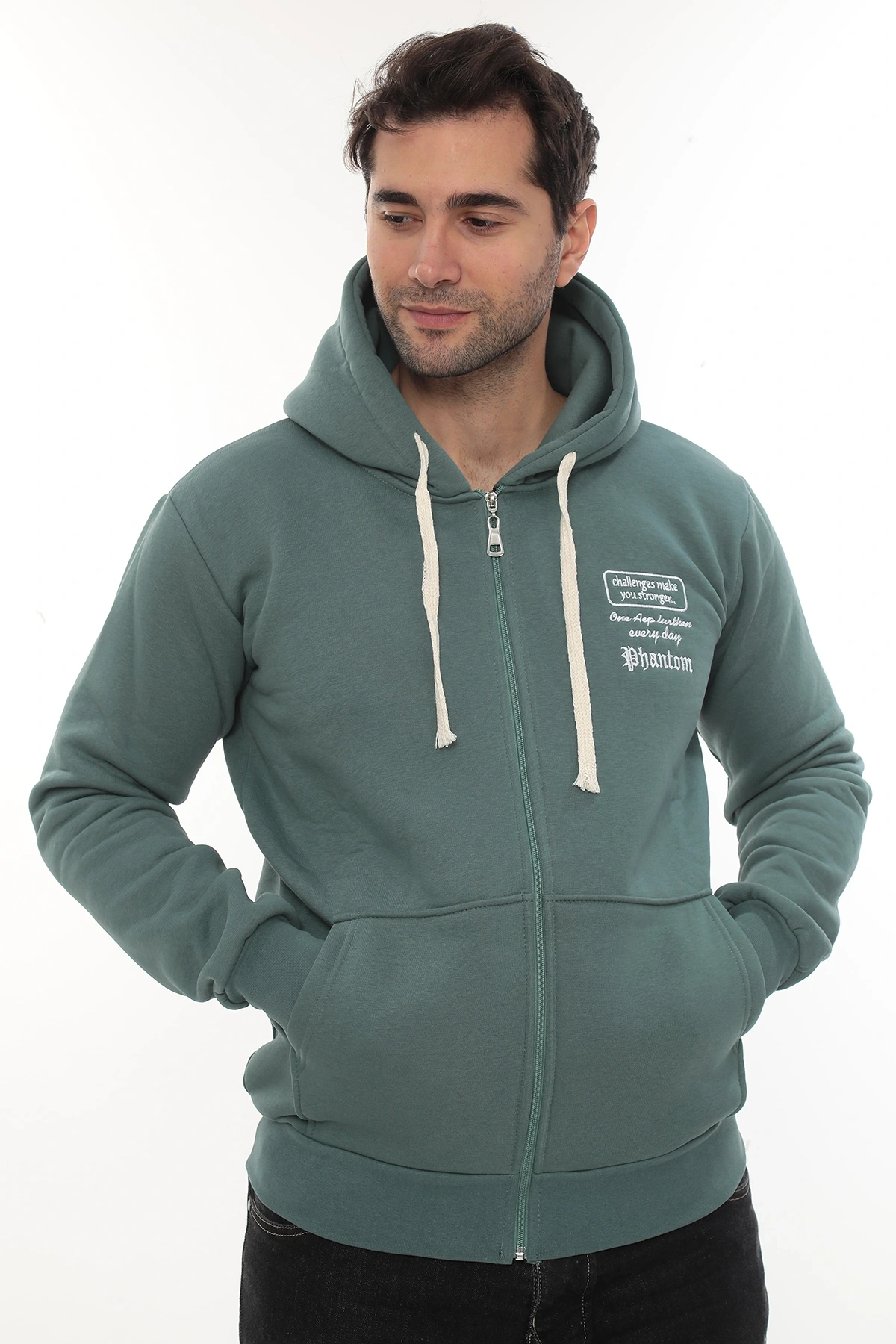 Erkek Petrol Standart Fit Normal Kesim Içi Polarlı Tam Fermuarlı Kapüşonlu Pamuklu Sweatshirt