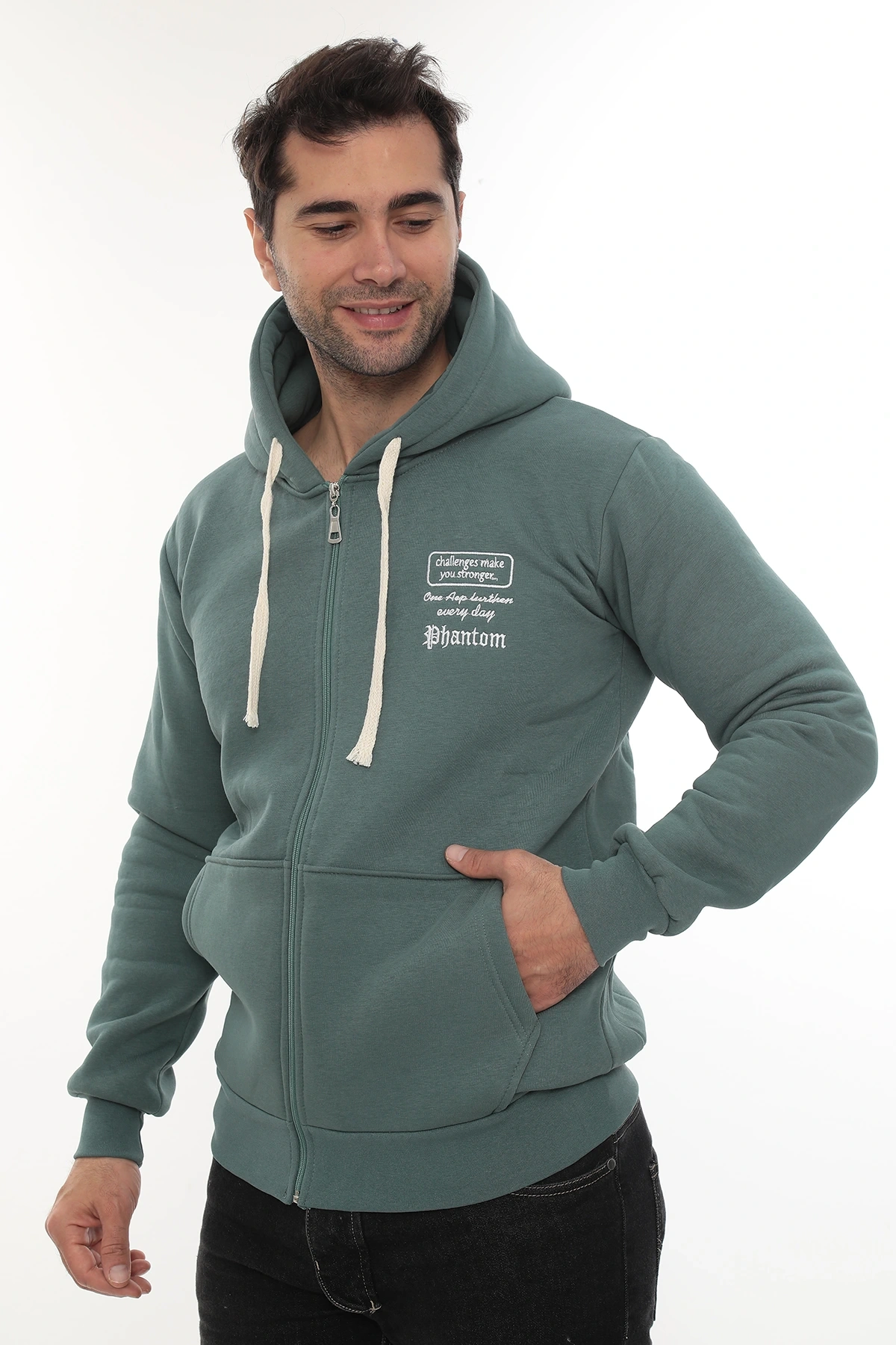 Erkek Petrol Standart Fit Normal Kesim Içi Polarlı Tam Fermuarlı Kapüşonlu Pamuklu Sweatshirt