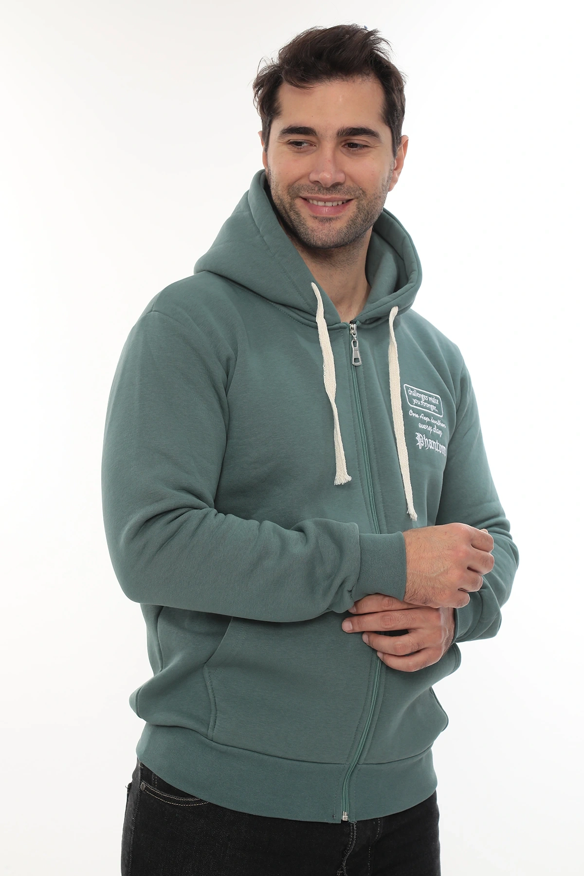 Erkek Petrol Standart Fit Normal Kesim Içi Polarlı Tam Fermuarlı Kapüşonlu Pamuklu Sweatshirt