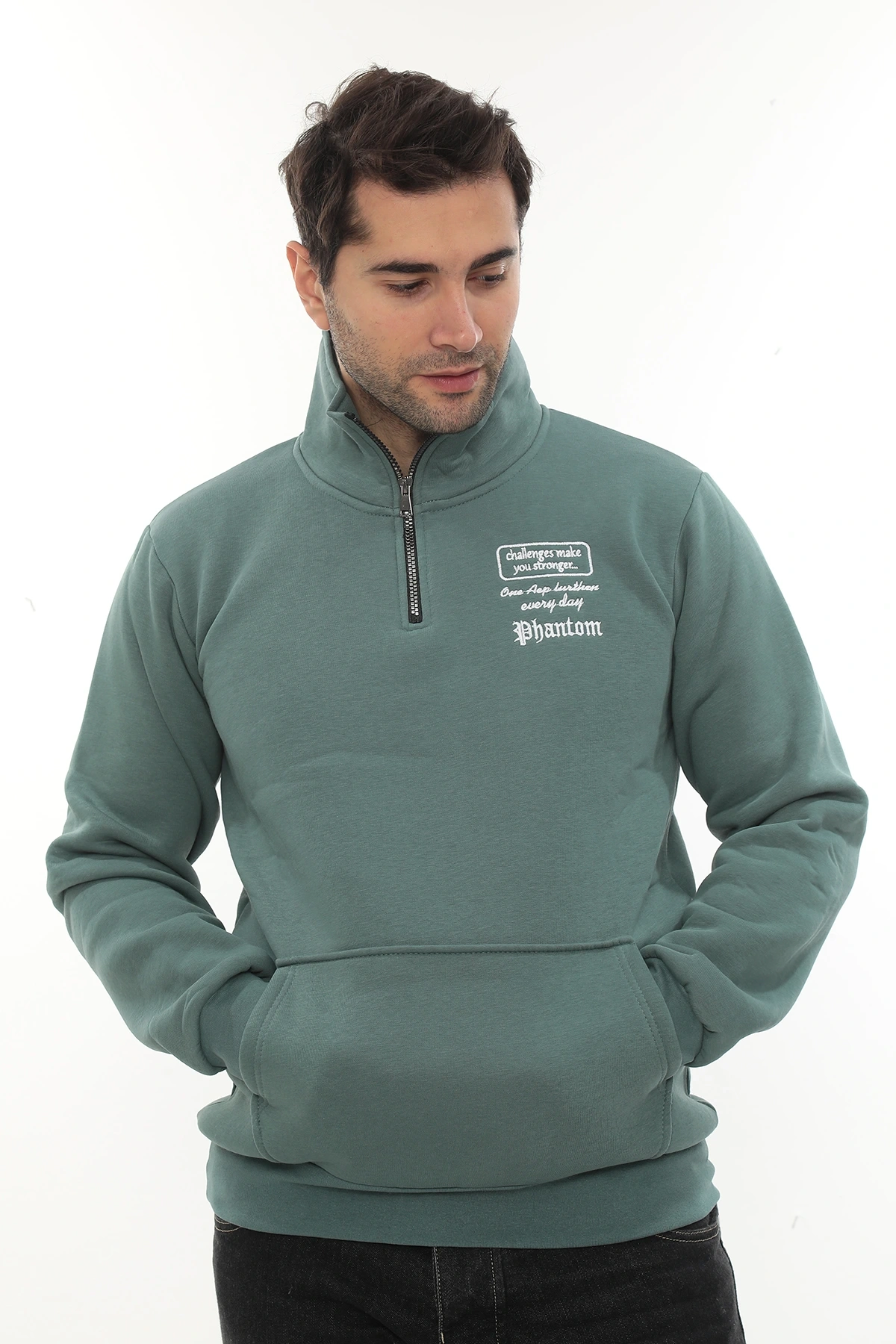 Erkek Petrol Standart Fit Normal Kesim Içi Polarlı Yarım Fermuarlı Dik Bato Yaka Pamuklu Sweatshirt