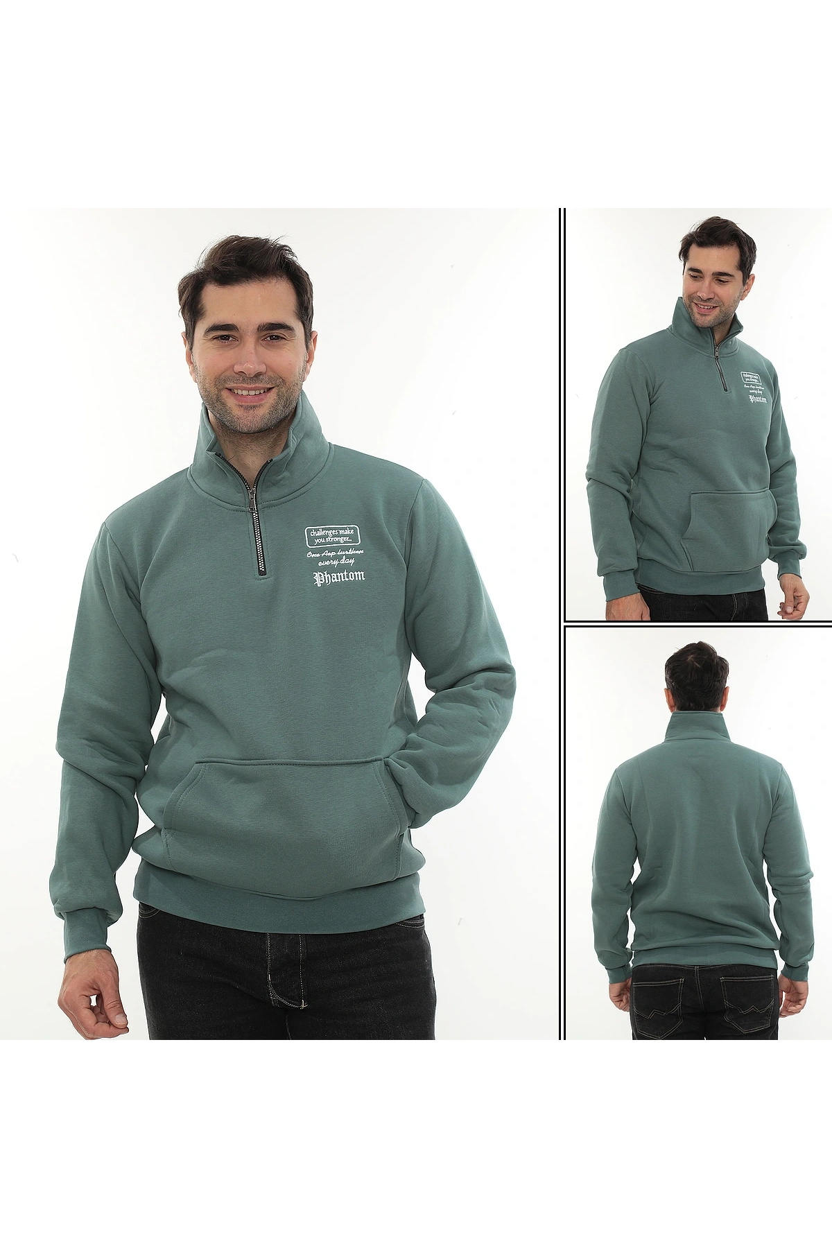 Erkek Petrol Standart Fit Normal Kesim Içi Polarlı Yarım Fermuarlı Dik Bato Yaka Pamuklu Sweatshirt