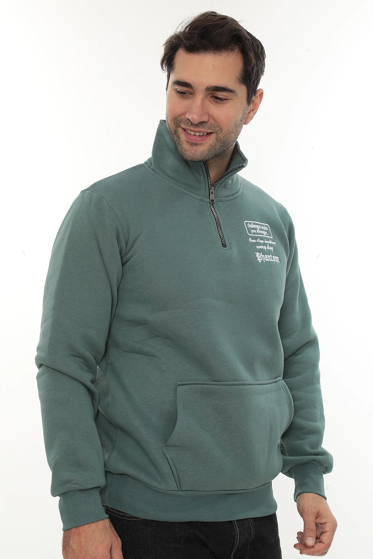 Erkek Petrol Standart Fit Normal Kesim Içi Polarlı Yarım Fermuarlı Dik Bato Yaka Pamuklu Sweatshirt