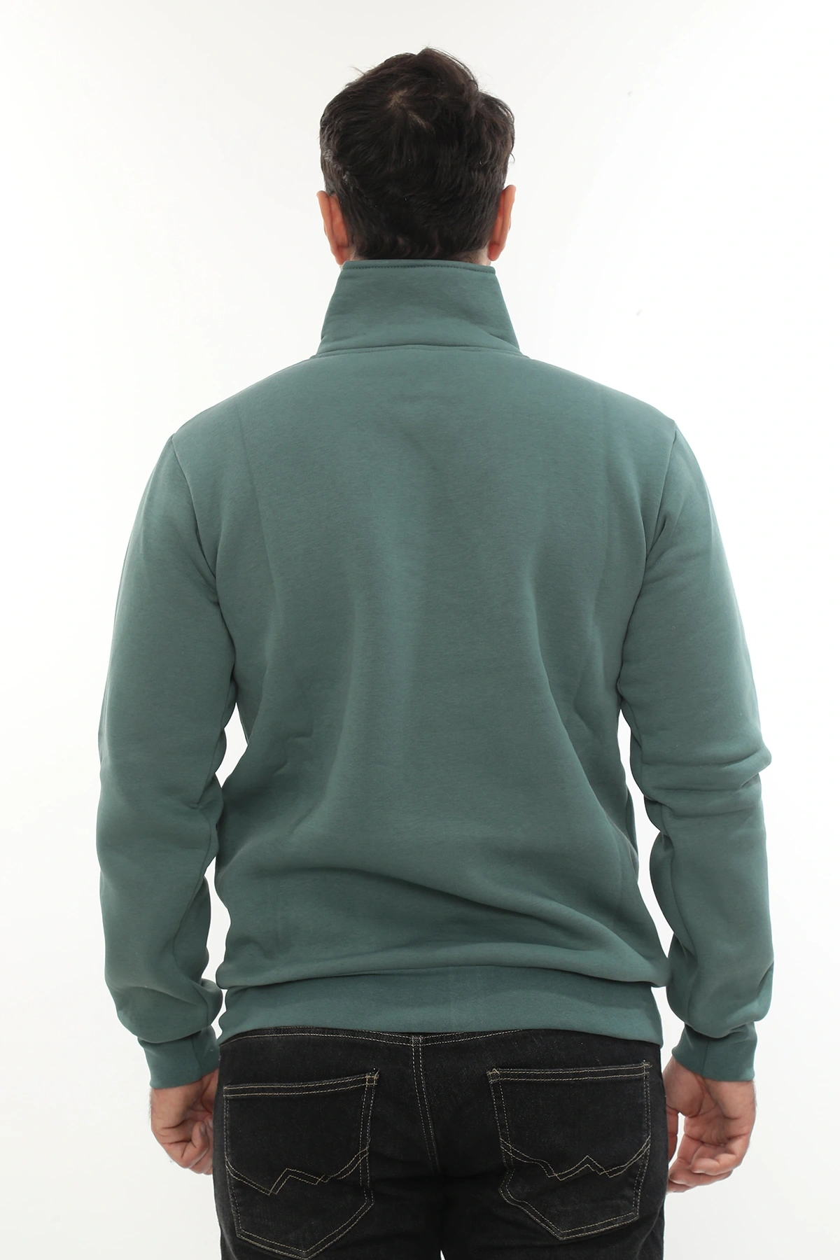 Erkek Petrol Standart Fit Normal Kesim Içi Polarlı Yarım Fermuarlı Dik Bato Yaka Pamuklu Sweatshirt