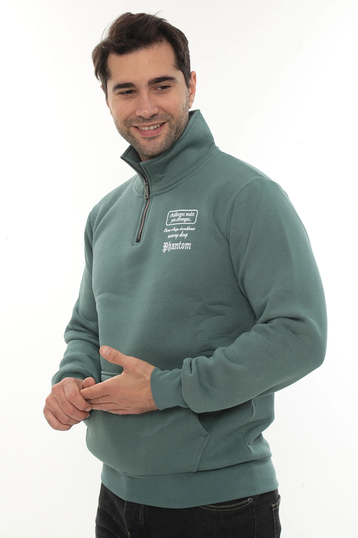 Erkek Petrol Standart Fit Normal Kesim Içi Polarlı Yarım Fermuarlı Dik Bato Yaka Pamuklu Sweatshirt