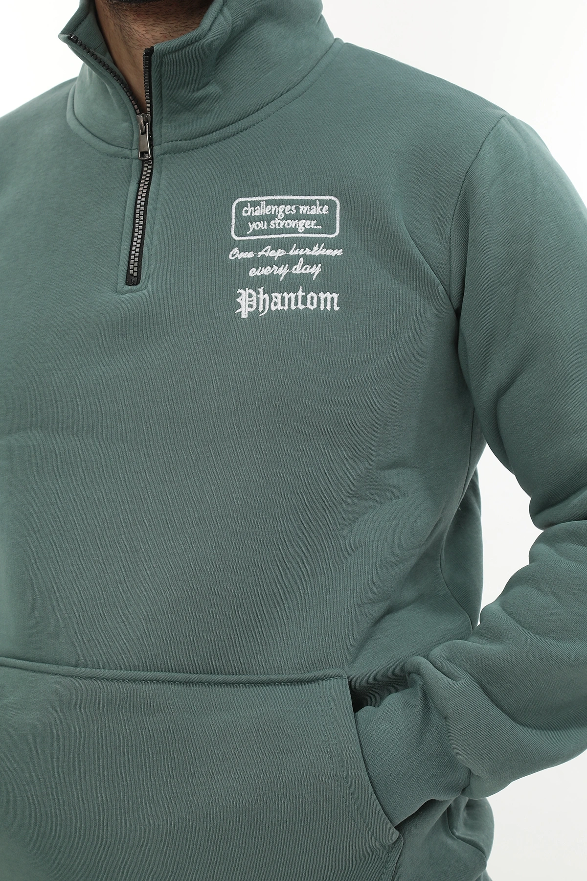 Erkek Petrol Standart Fit Normal Kesim Içi Polarlı Yarım Fermuarlı Dik Bato Yaka Pamuklu Sweatshirt