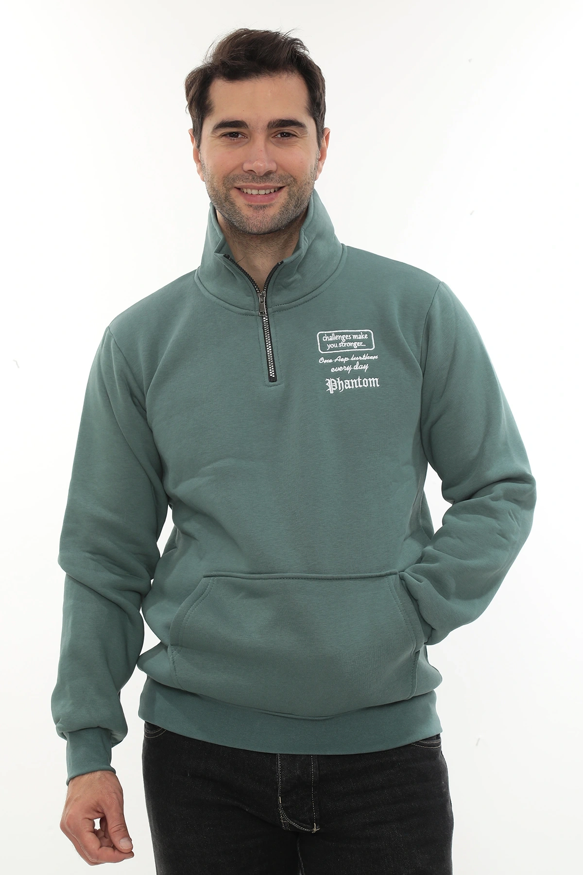 Erkek Petrol Standart Fit Normal Kesim Içi Polarlı Yarım Fermuarlı Dik Bato Yaka Pamuklu Sweatshirt