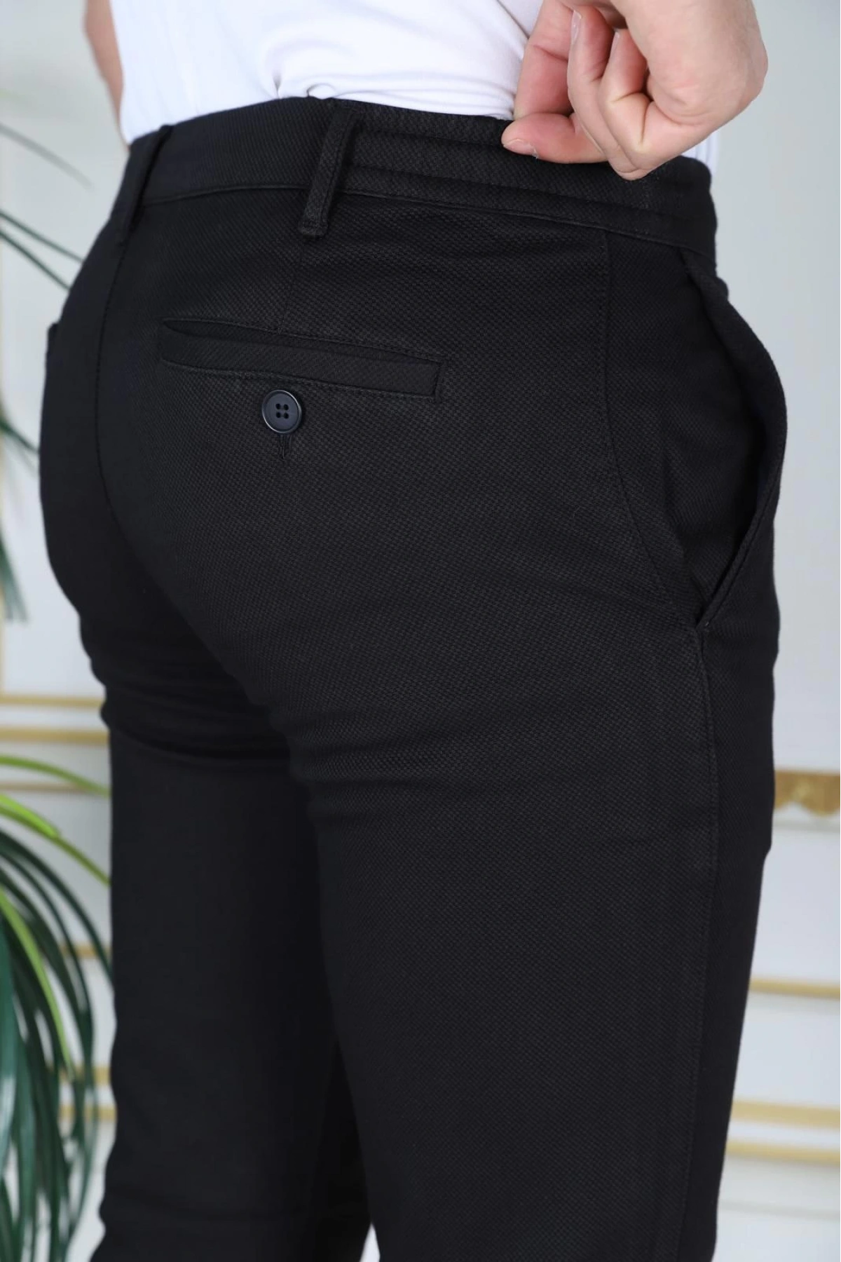 Erkek Siyah Slim Fit Esnek Likralı Armürlü Keten Pantolon Bağcıklı Kemerli Beli Lastikli Şık Pantolon