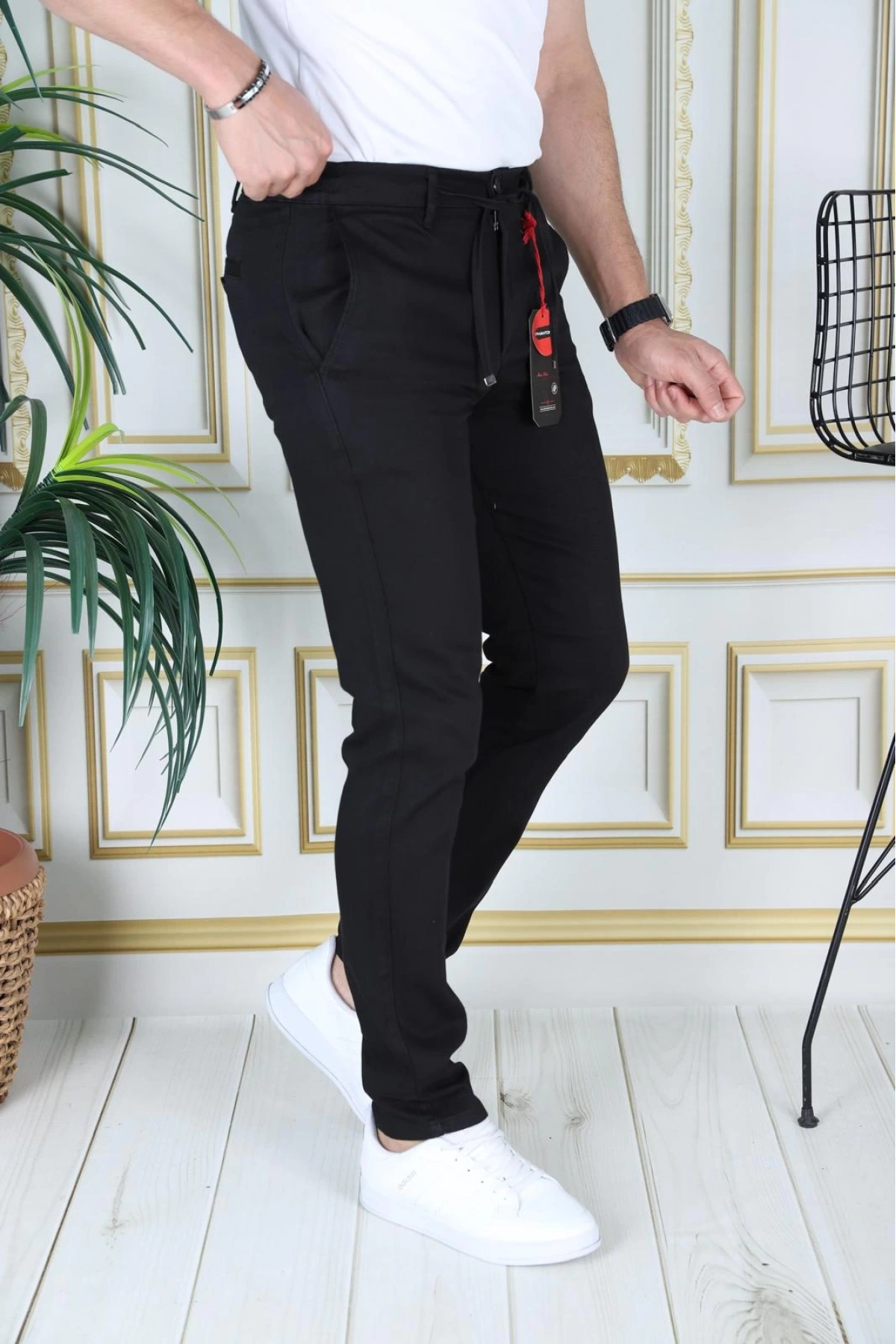 Erkek Siyah Slim Fit Esnek Likralı Armürlü Keten Pantolon Bağcıklı Kemerli Beli Lastikli Şık Pantolon