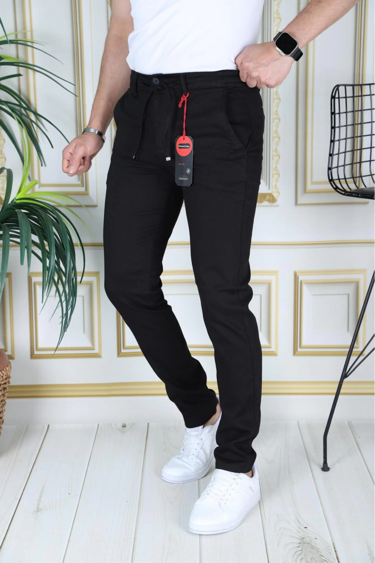 Erkek Siyah Slim Fit Esnek Likralı Armürlü Keten Pantolon Bağcıklı Kemerli Beli Lastikli Şık Pantolon