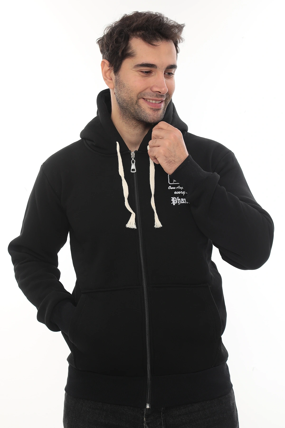 Erkek Siyah Standart Fit Normal Kesim Içi Polarlı Tam Fermuarlı Kapüşonlu Pamuklu Sweatshirt