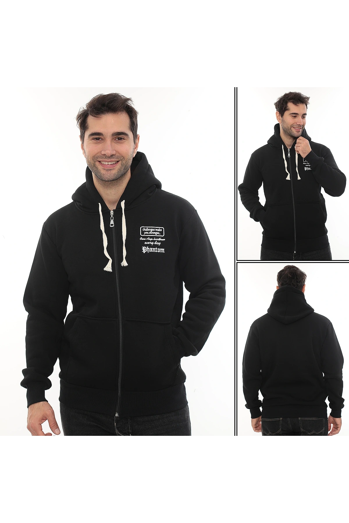 Erkek Siyah Standart Fit Normal Kesim Içi Polarlı Tam Fermuarlı Kapüşonlu Pamuklu Sweatshirt