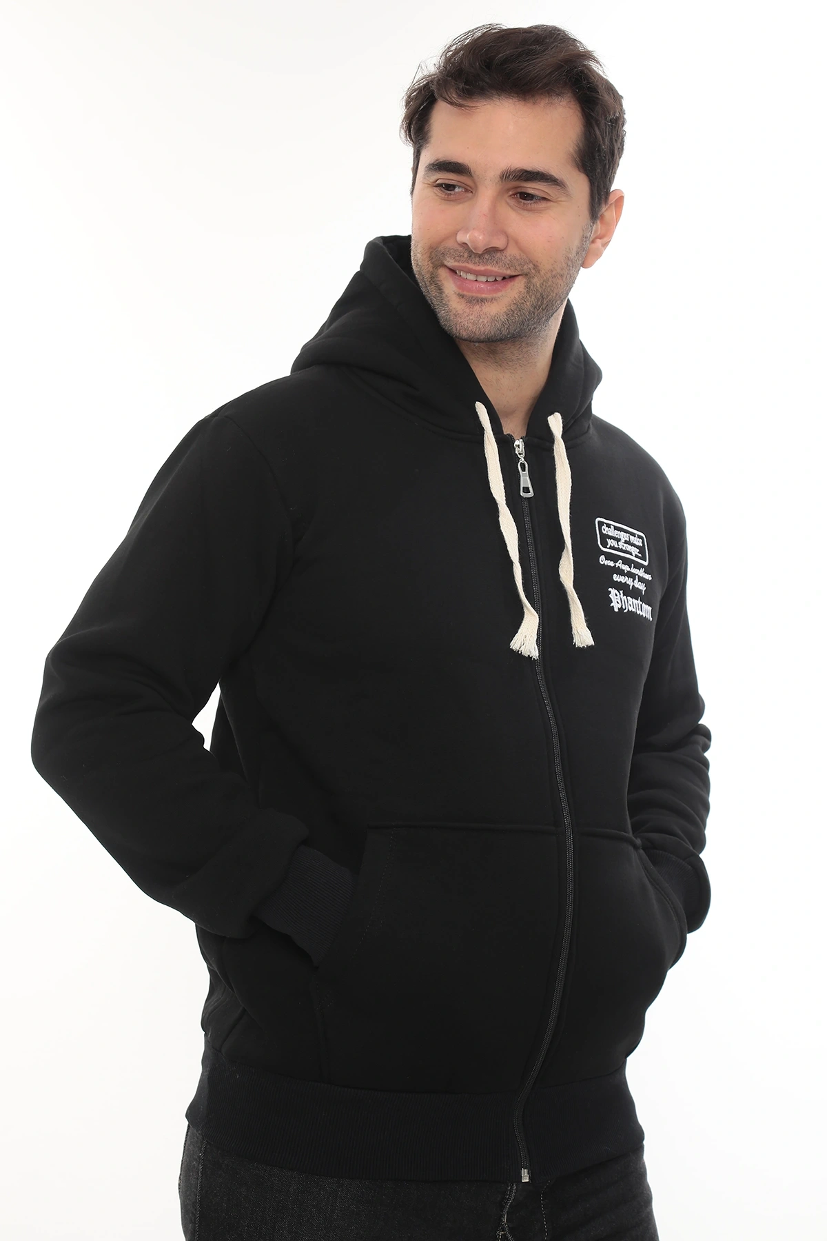 Erkek Siyah Standart Fit Normal Kesim Içi Polarlı Tam Fermuarlı Kapüşonlu Pamuklu Sweatshirt
